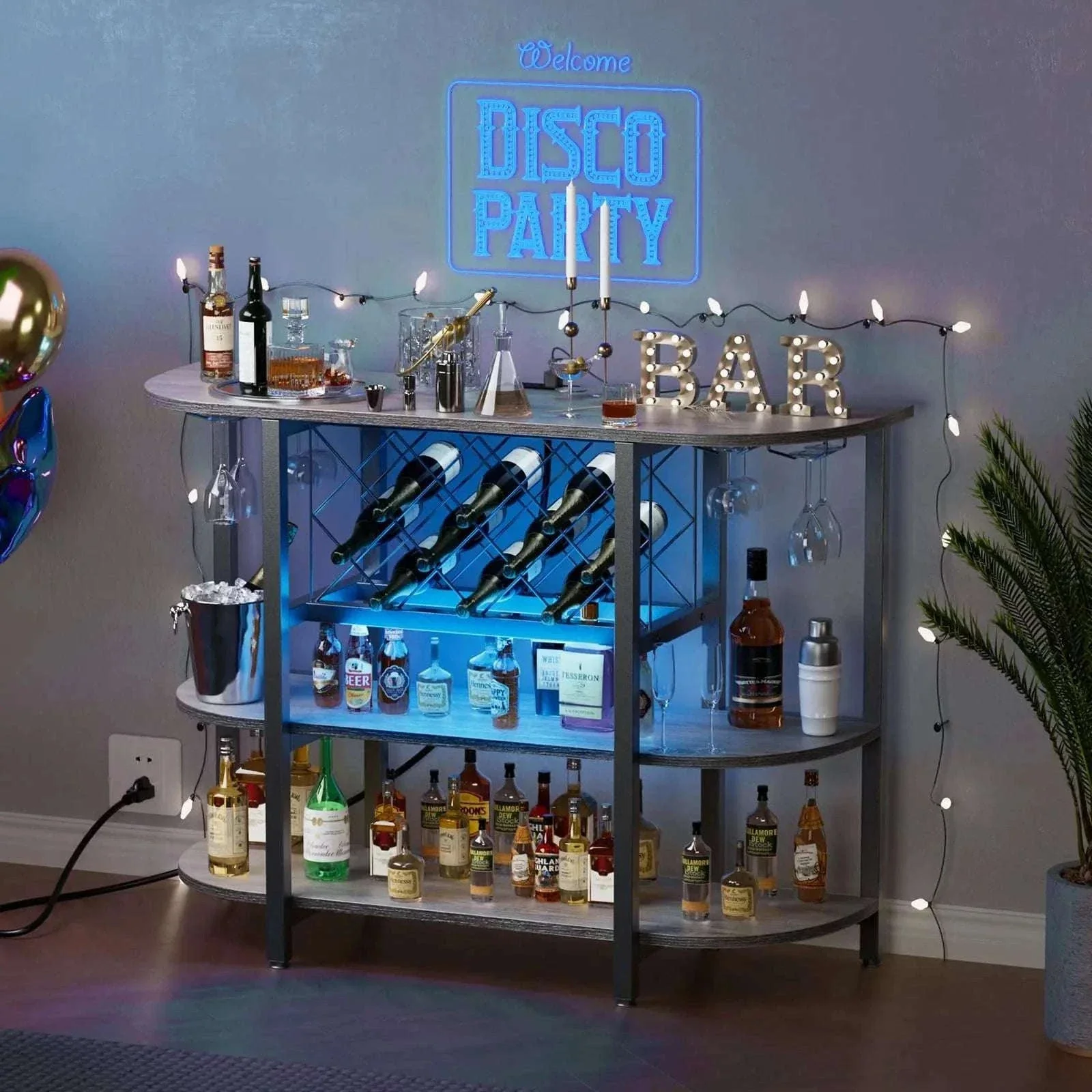 LED Bar Cabinet with Charging Station and Wine Storage Rack