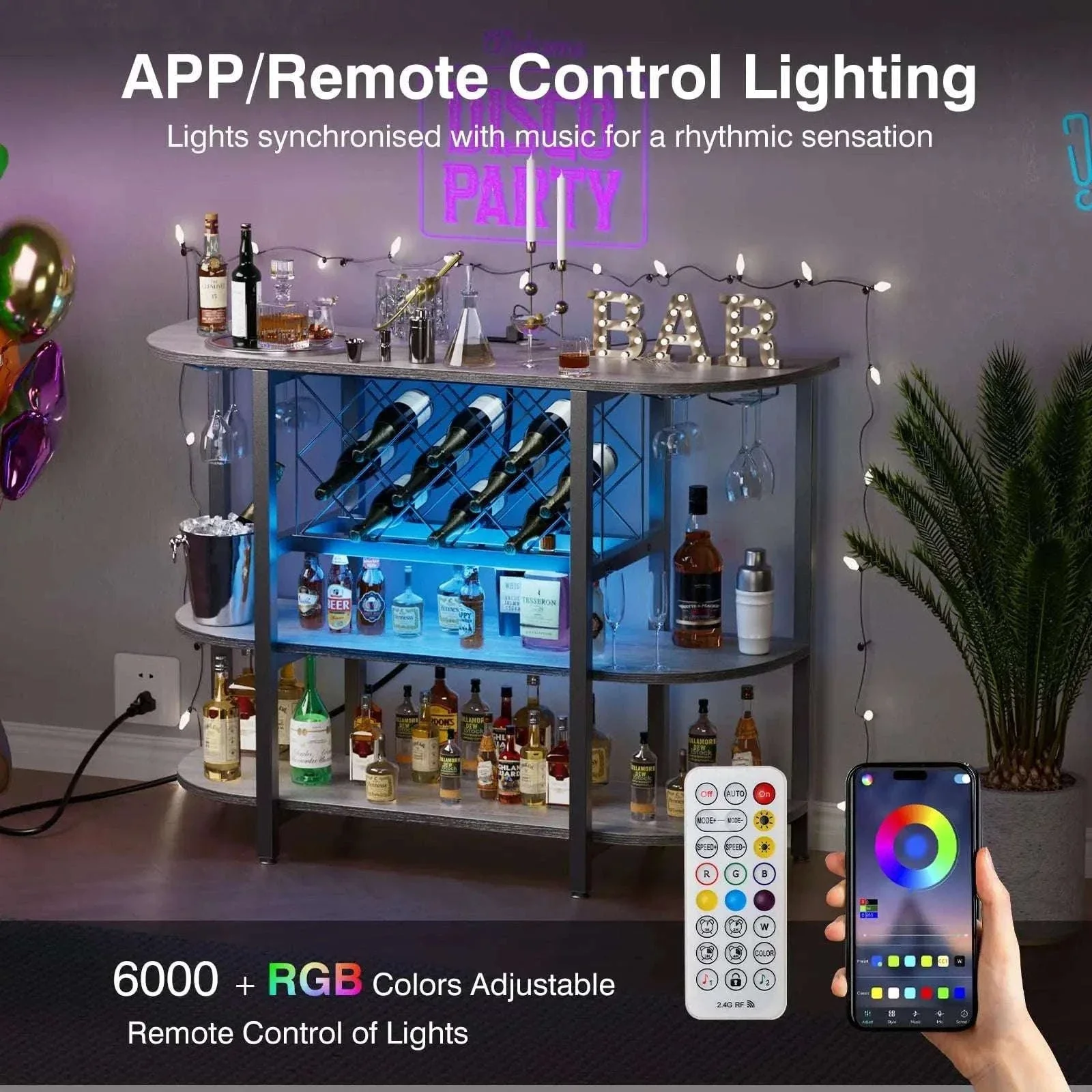LED Bar Cabinet with Charging Station and Wine Storage Rack - Image 3