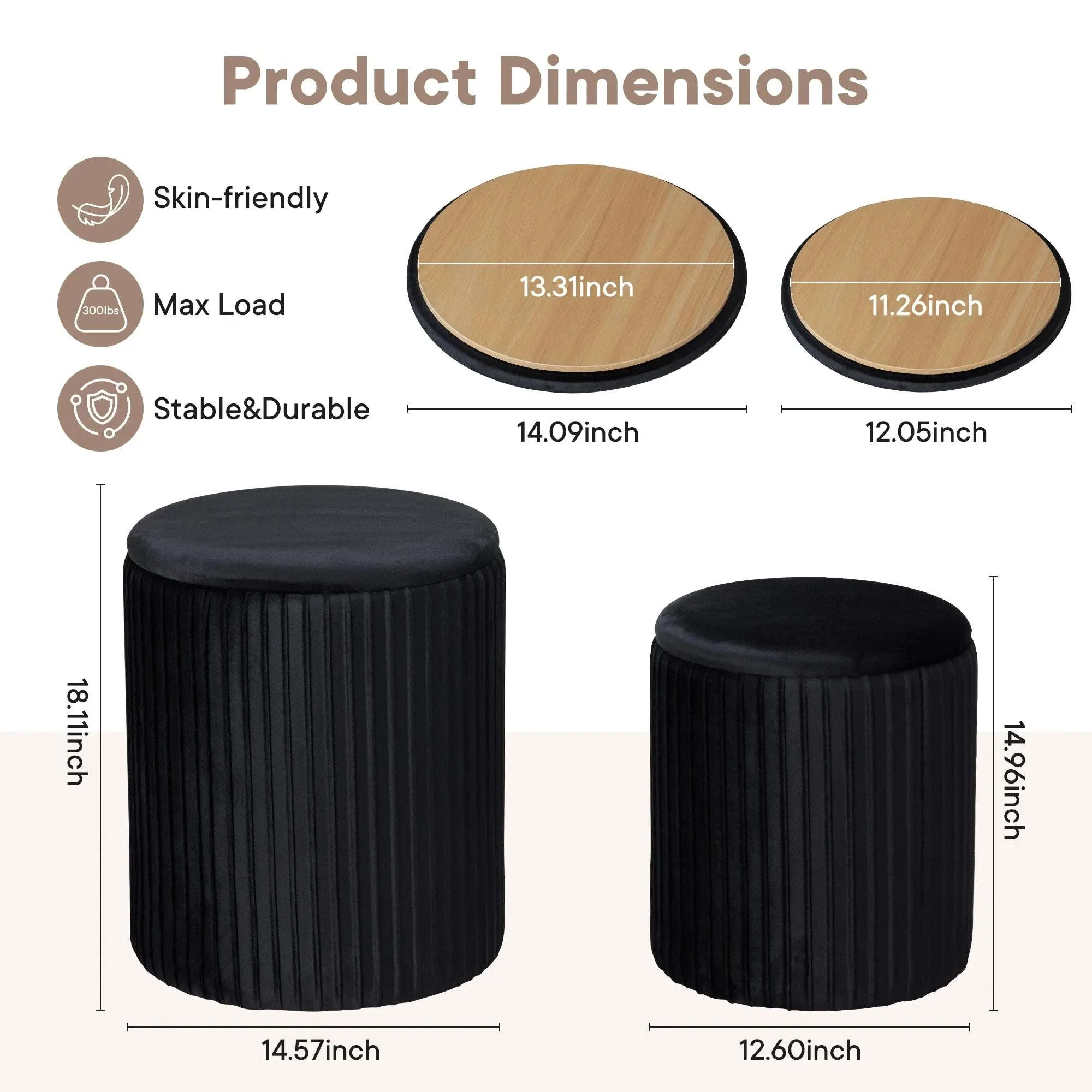 Round Ottoman Storage Set of 2 Nesting Footstools with Lids - Image 3
