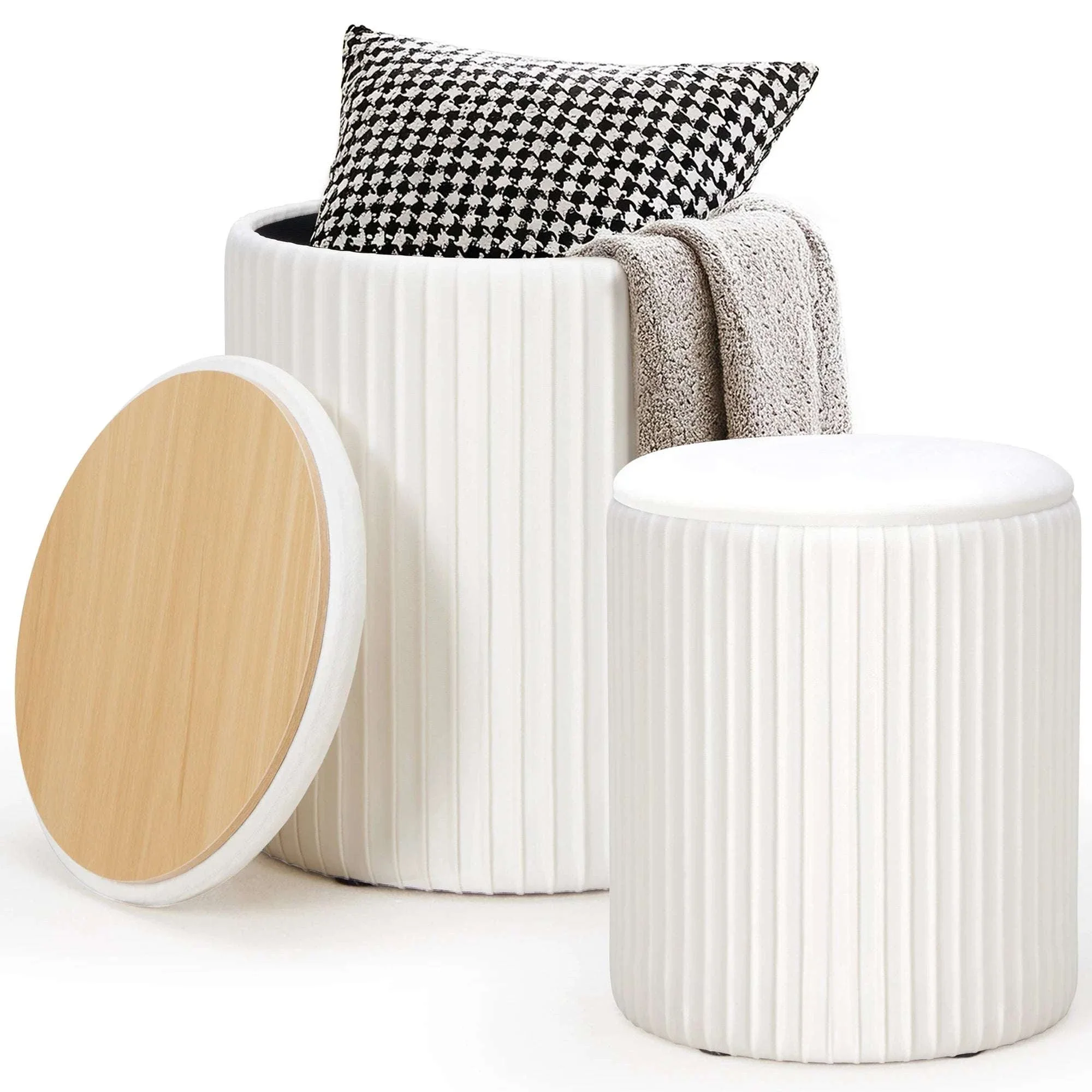 Round Ottoman Storage Set of 2 Nesting Footstools with Lids - Image 6