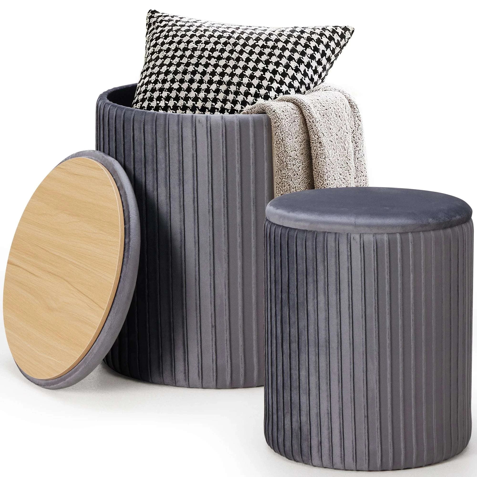 Round Ottoman Storage Set of 2 Nesting Footstools with Lids - Image 7