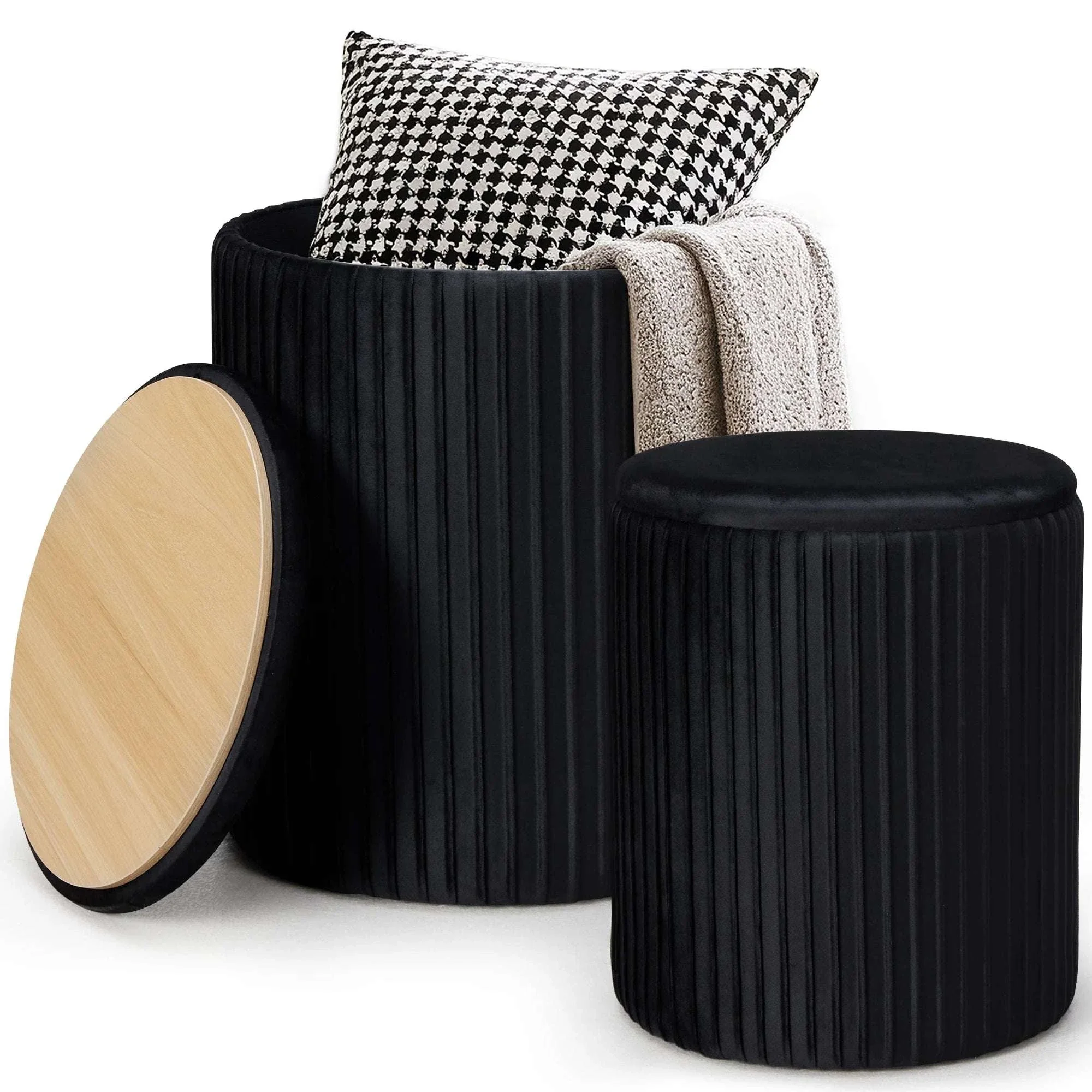 Round Ottoman Storage Set of 2 Nesting Footstools with Lids - Image 8