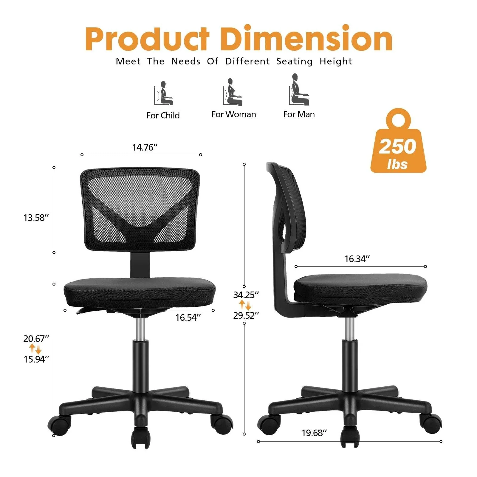Mesh Armless Office Chair with Lumbar Support & Adjustable Height - Image 3