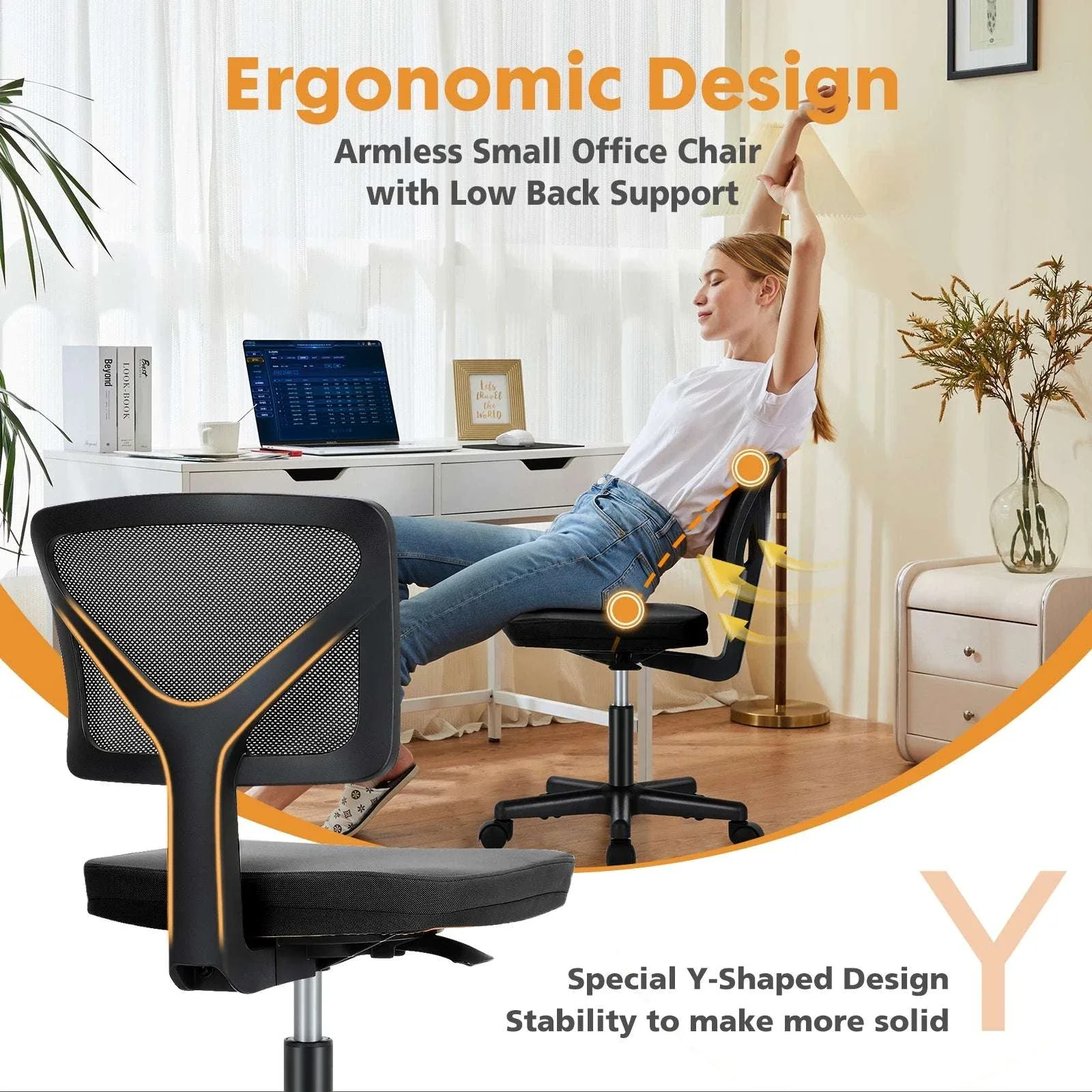 Mesh Armless Office Chair with Lumbar Support & Adjustable Height - Image 4
