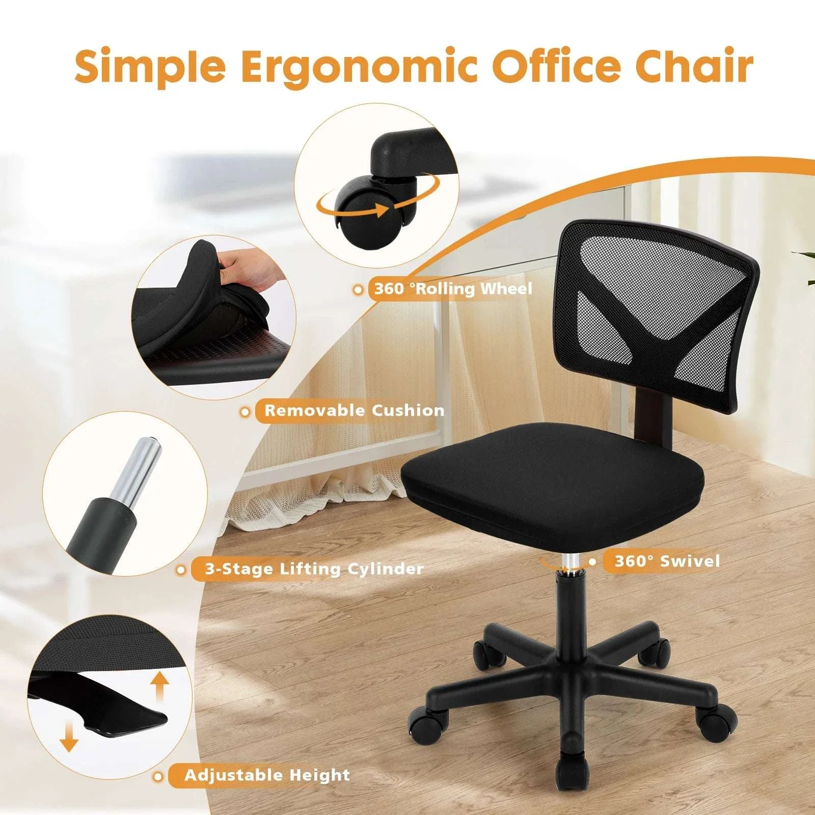 Mesh Armless Office Chair with Lumbar Support & Adjustable Height - Image 5