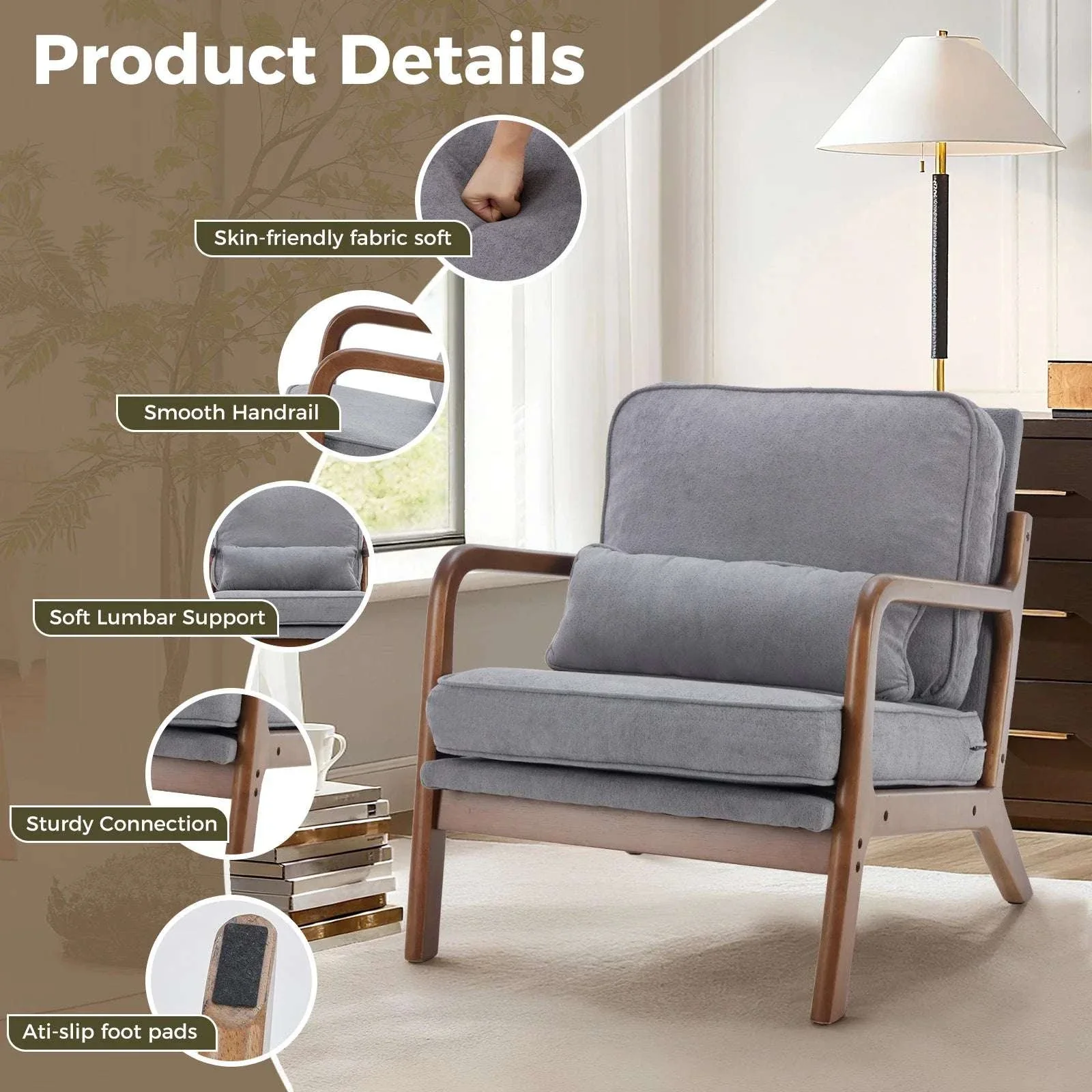 Mid Century Modern Accent Chair with Wood Frame and Cushions - Image 2