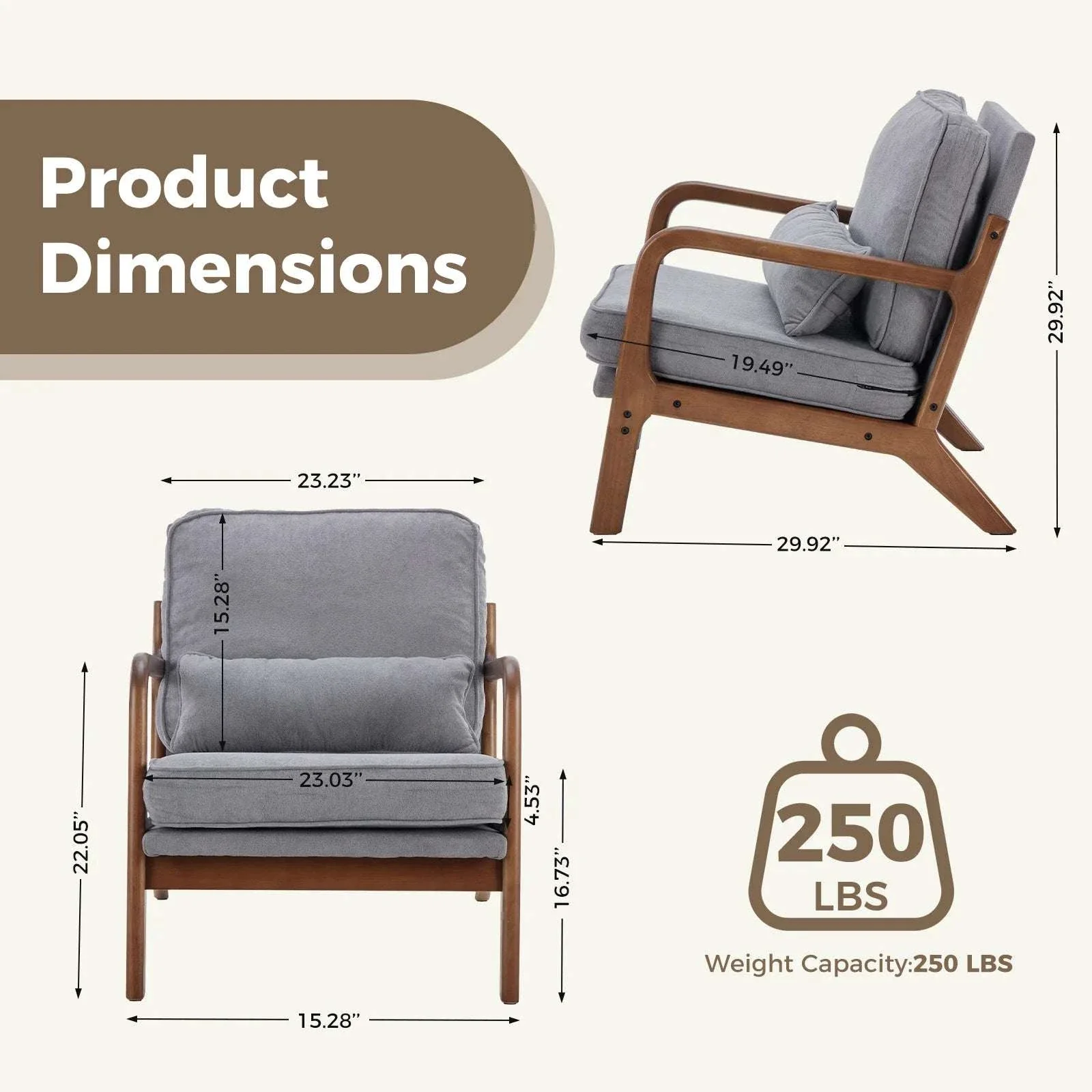 Mid Century Modern Accent Chair with Wood Frame and Cushions - Image 5