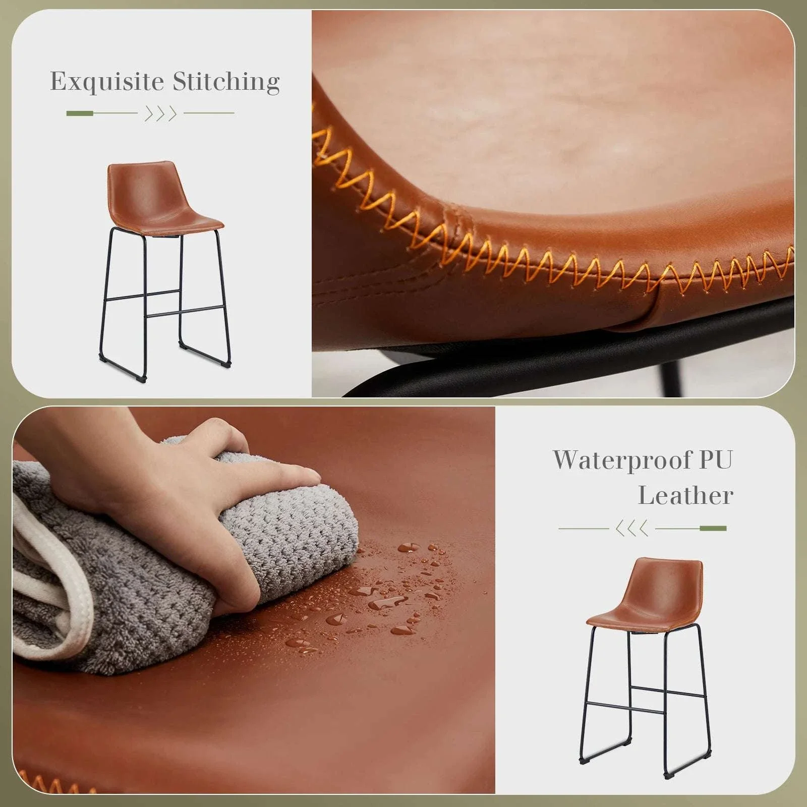 Counter Height Bar Stools Set of 2 Faux Leather with Back - Image 17
