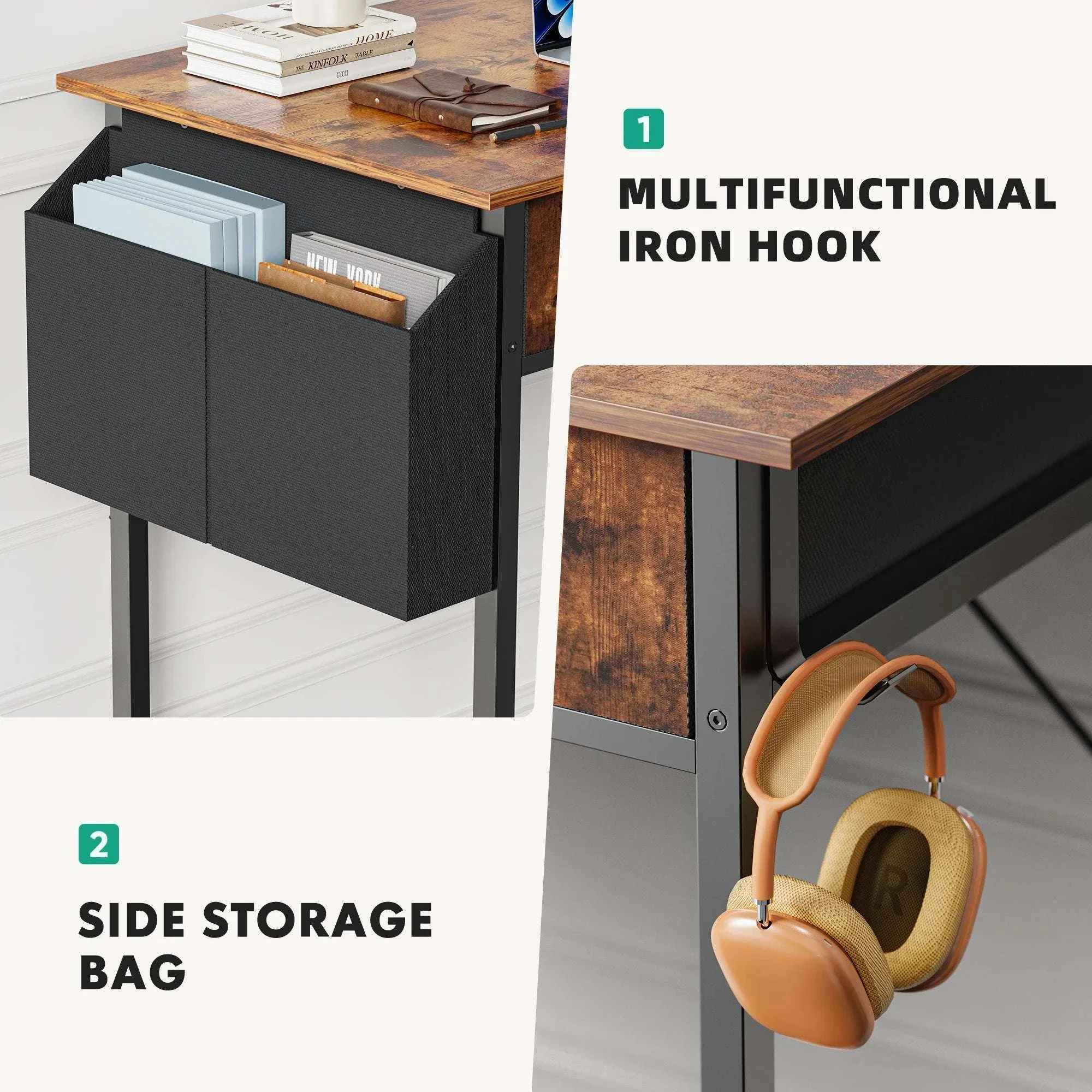 32-Inch Modern Office Desk with Fabric Drawers and Side Storage Bag - Image 2