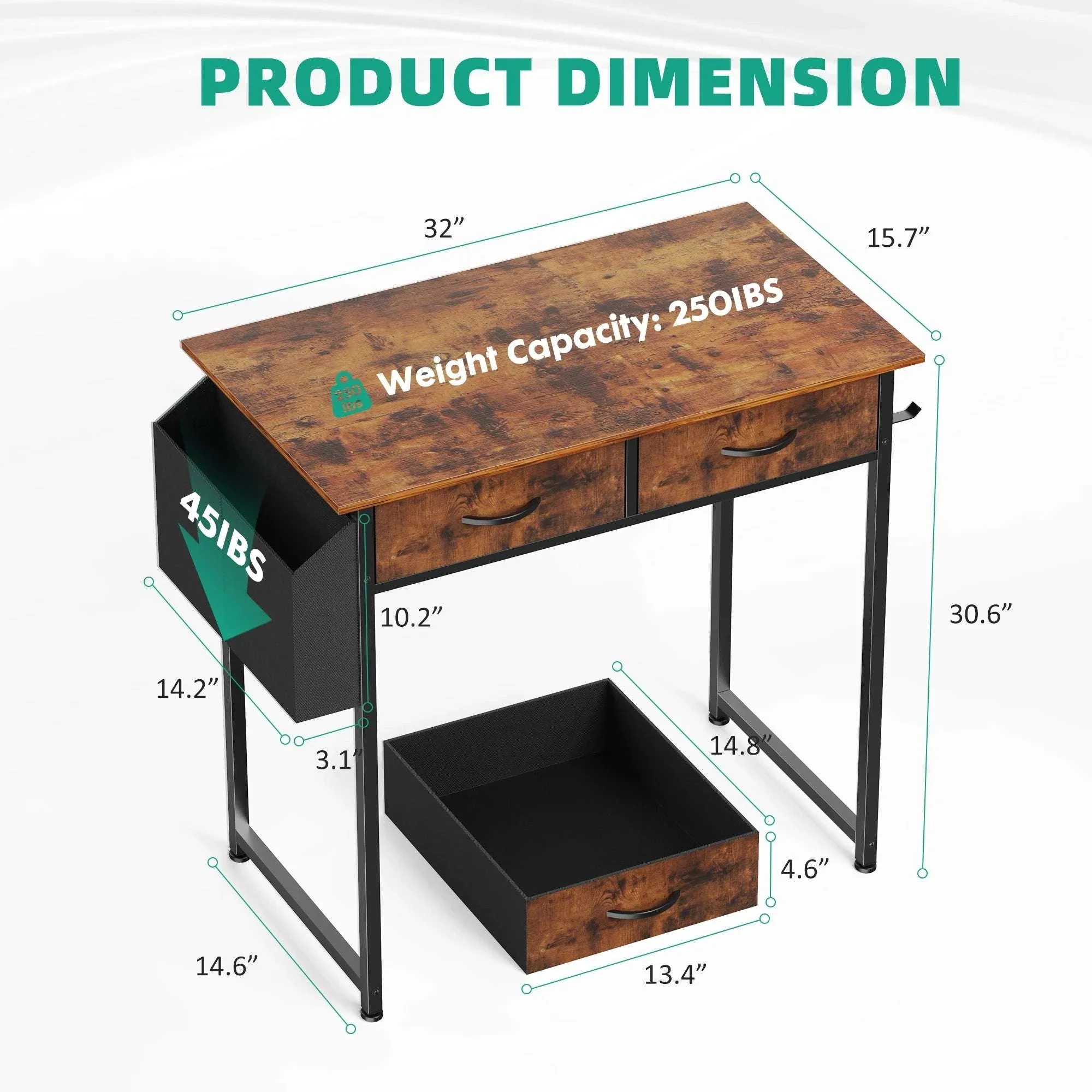 32-Inch Modern Office Desk with Fabric Drawers and Side Storage Bag - Image 3