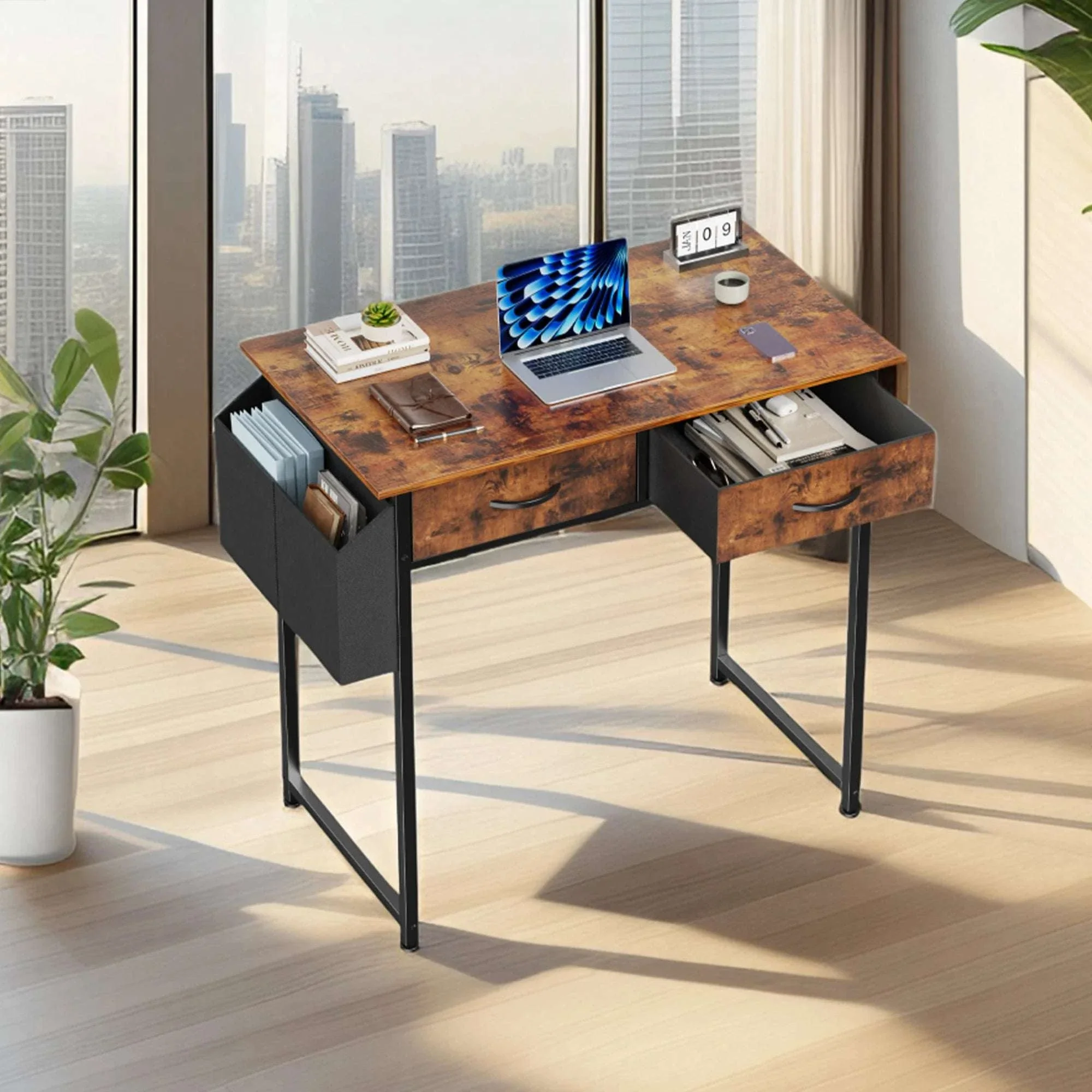 32-Inch Modern Office Desk with Fabric Drawers and Side Storage Bag - Image 4