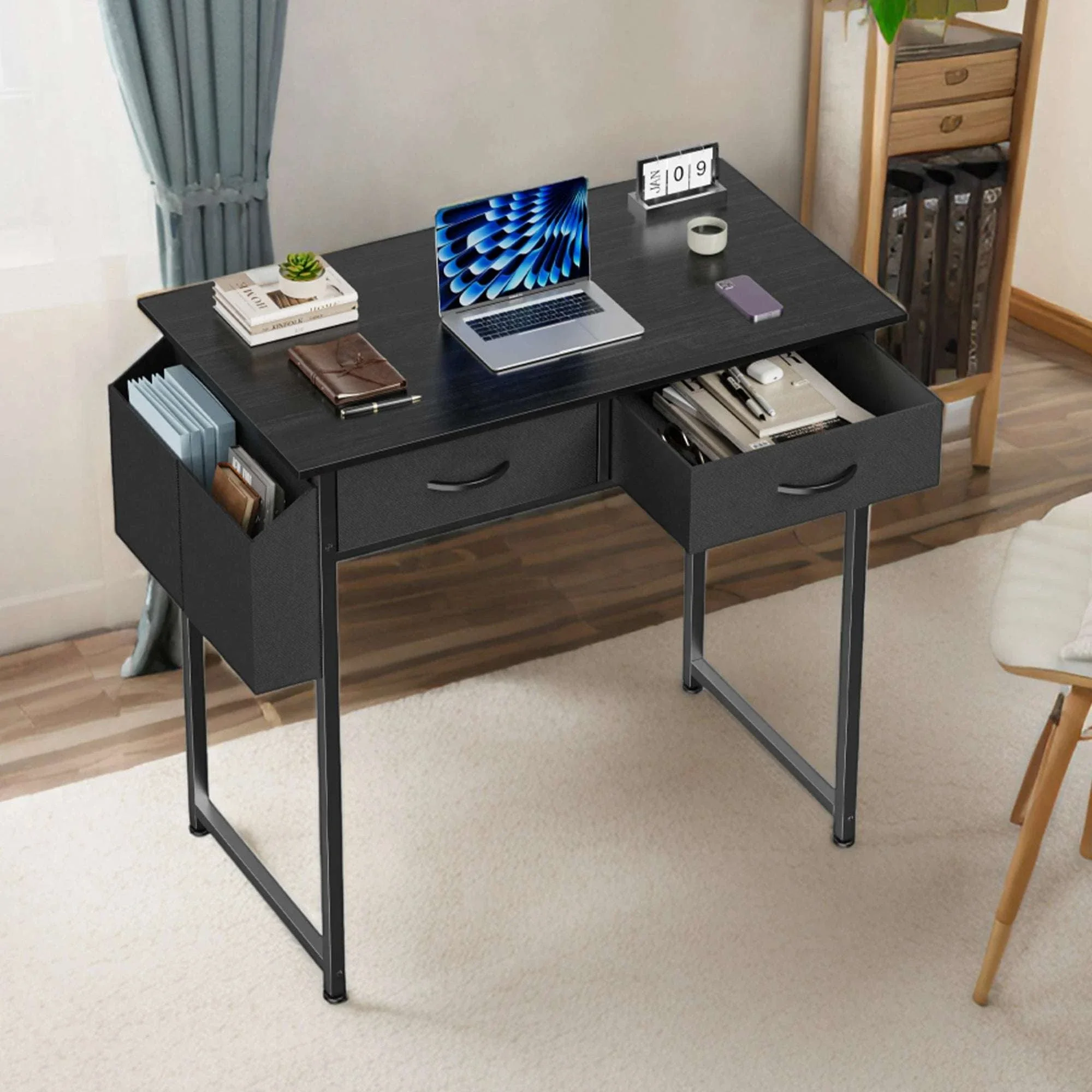 32-Inch Modern Office Desk with Fabric Drawers and Side Storage Bag - Image 5