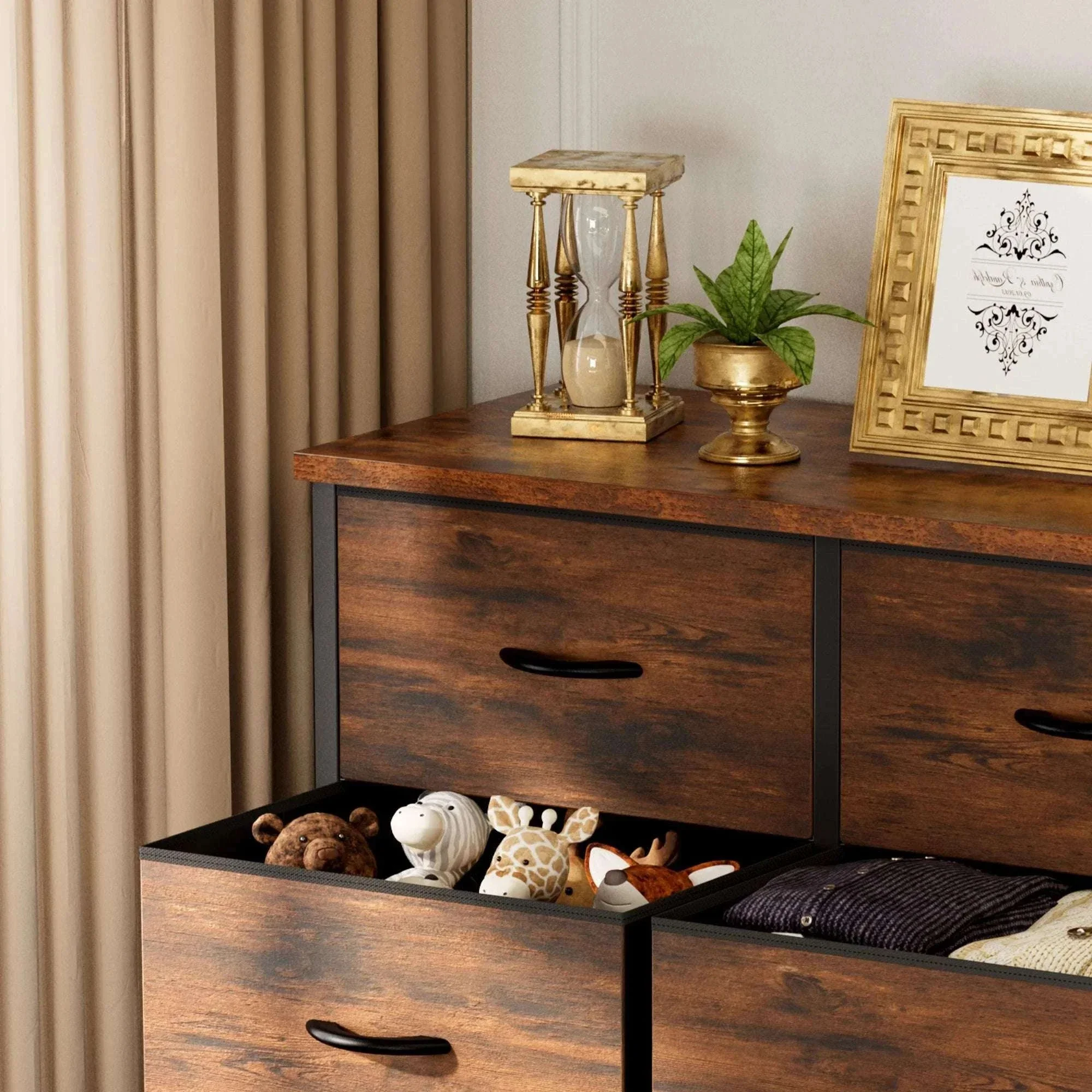 6 Drawer Fabric Dresser Nightstand with Wooden Top Storage Unit - Image 2