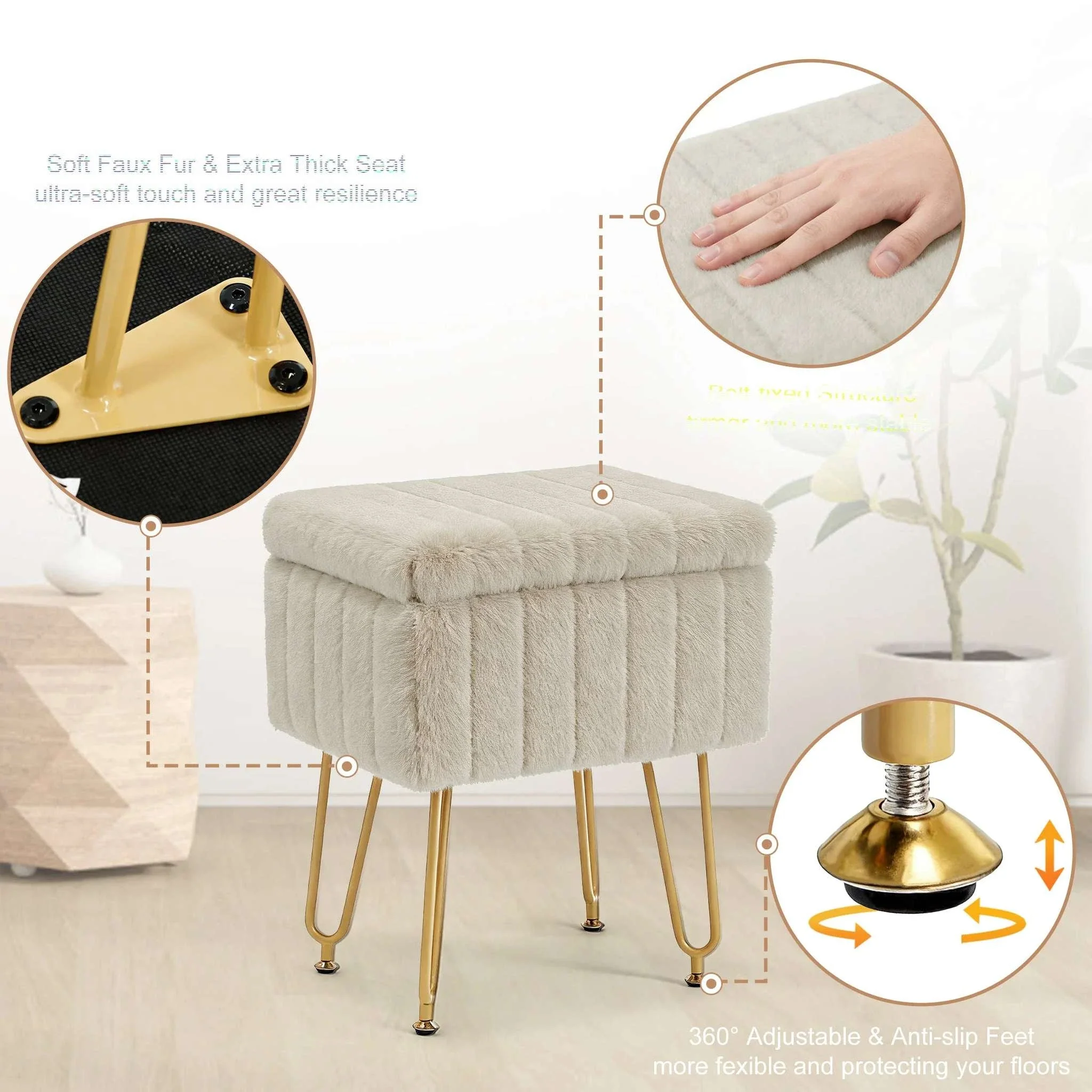 Faux Fur Vanity Stool with Hidden Storage and Metal Legs - Image 11