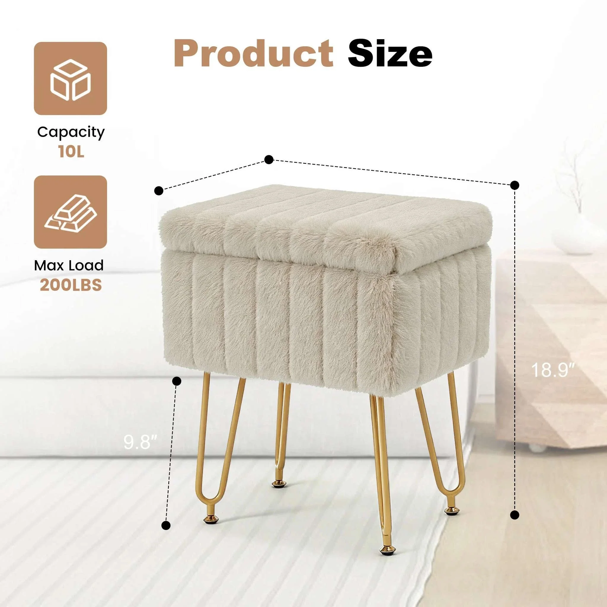 Faux Fur Vanity Stool with Hidden Storage and Metal Legs - Image 2