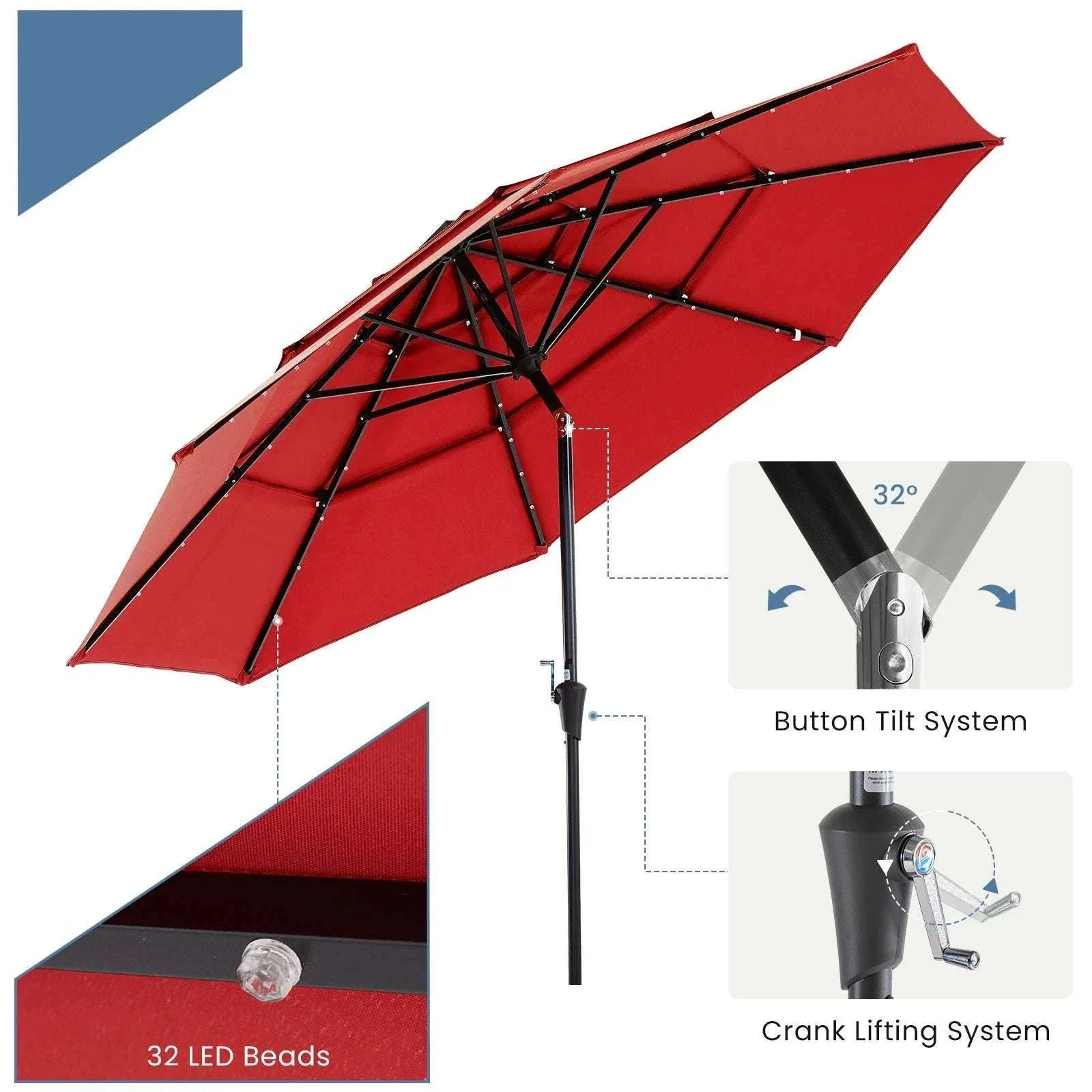 10 FT Solar LED Patio Umbrella with Tilt & Crank Shade - Image 10