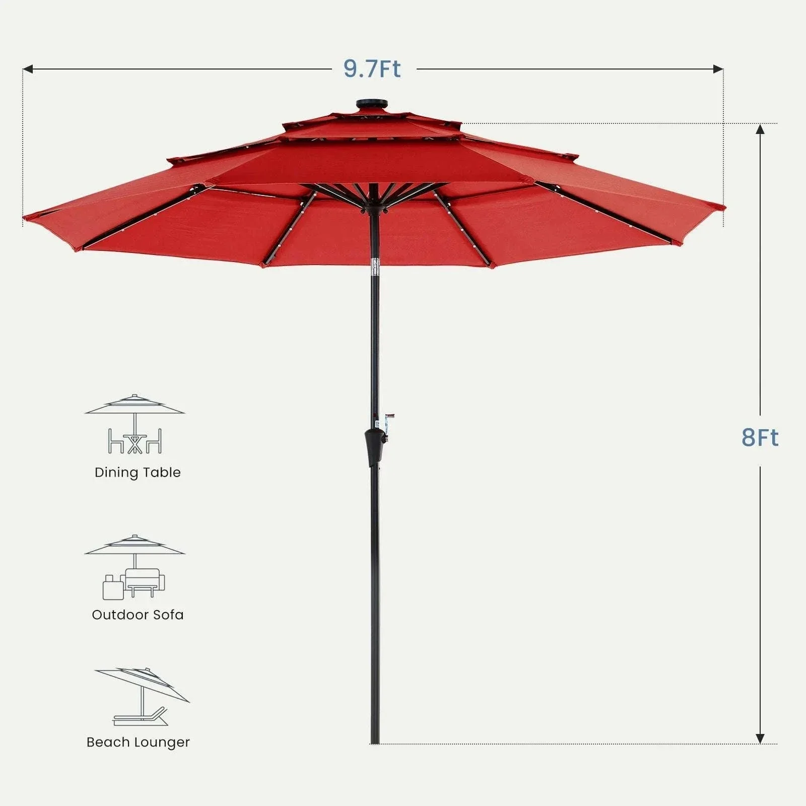 10 FT Solar LED Patio Umbrella with Tilt & Crank Shade - Image 11