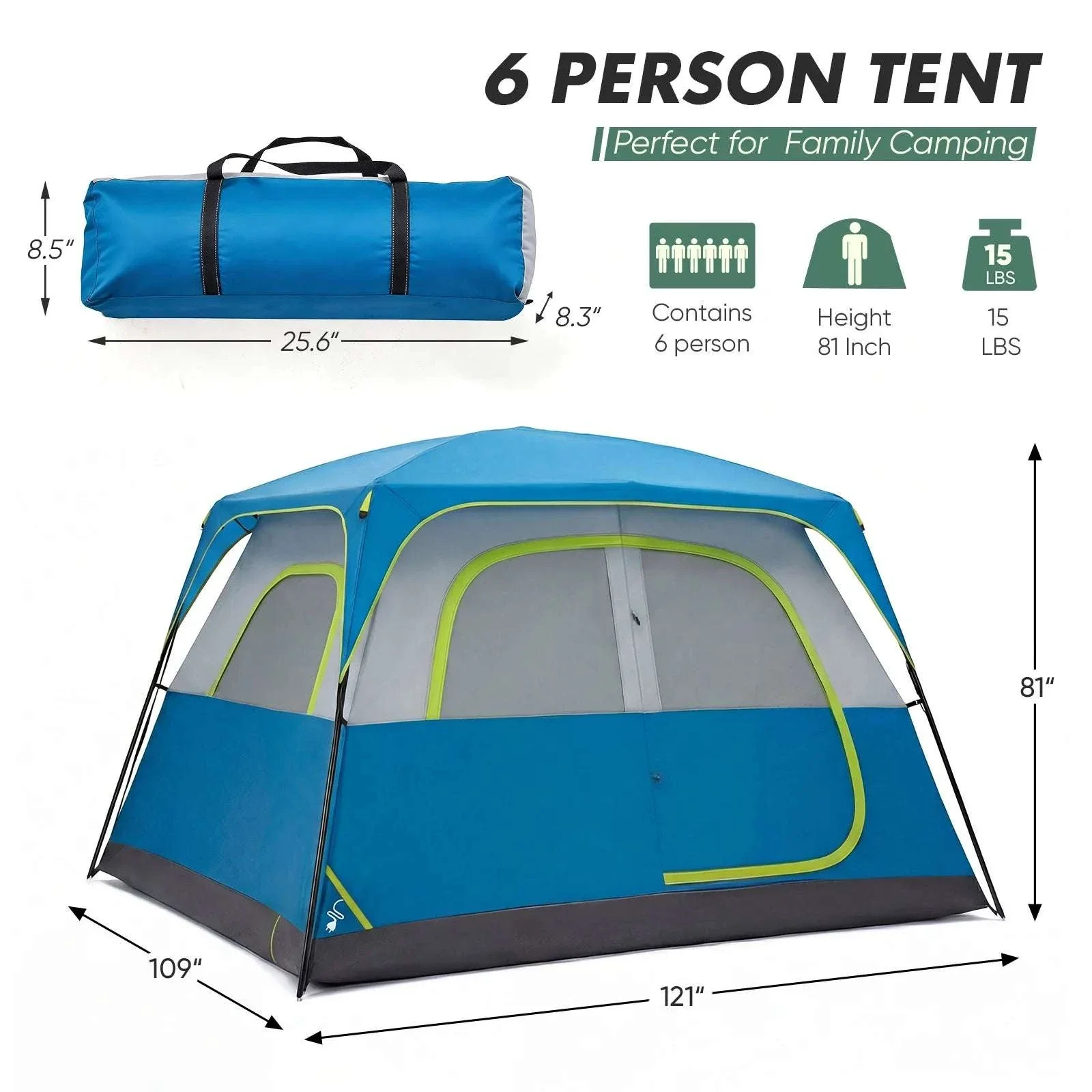 6 Person Camping Tent Waterproof Instant Setup Family Dome Shelter - Image 2