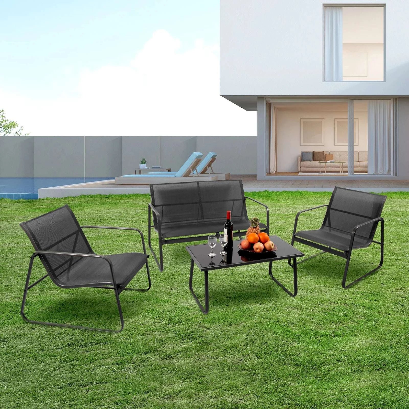 4-Piece Outdoor Patio Furniture Set with Table & Mesh Seating