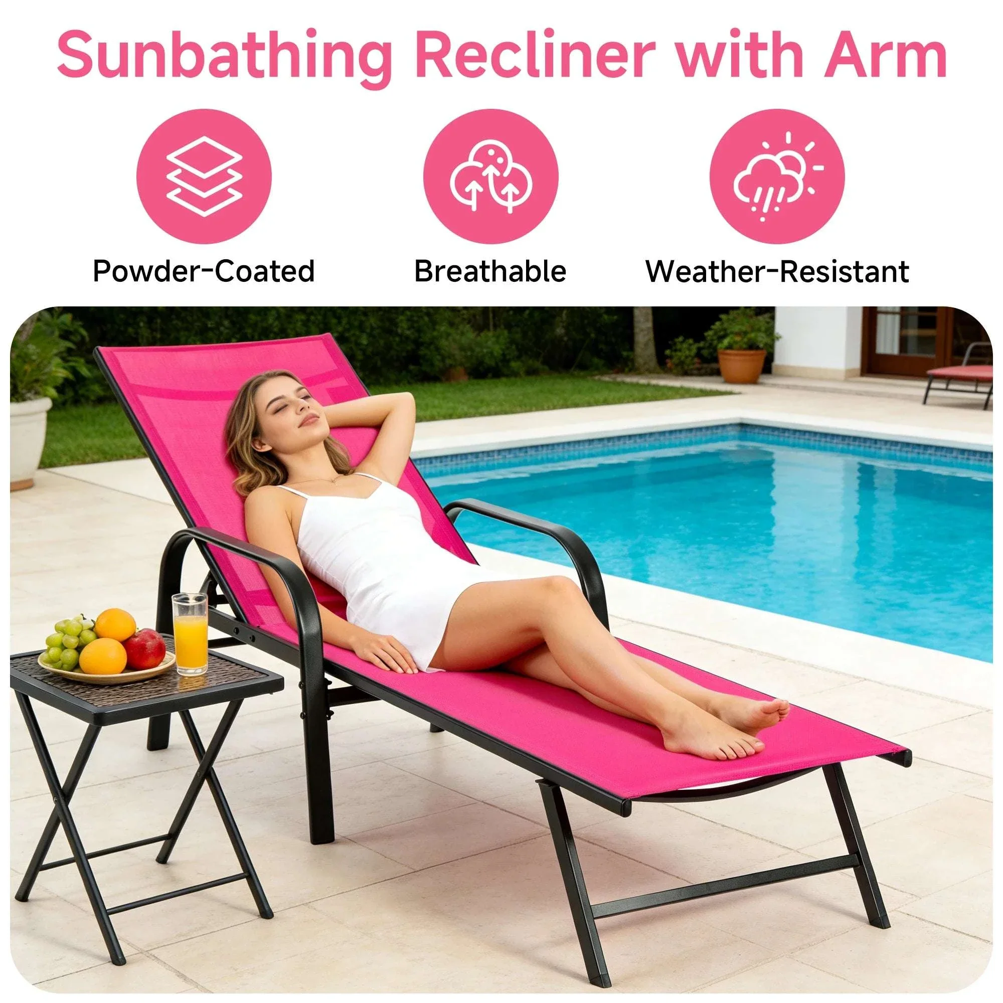 Adjustable Folding Beach Lounge Chair with 5 Positions and Armrests - Image 4