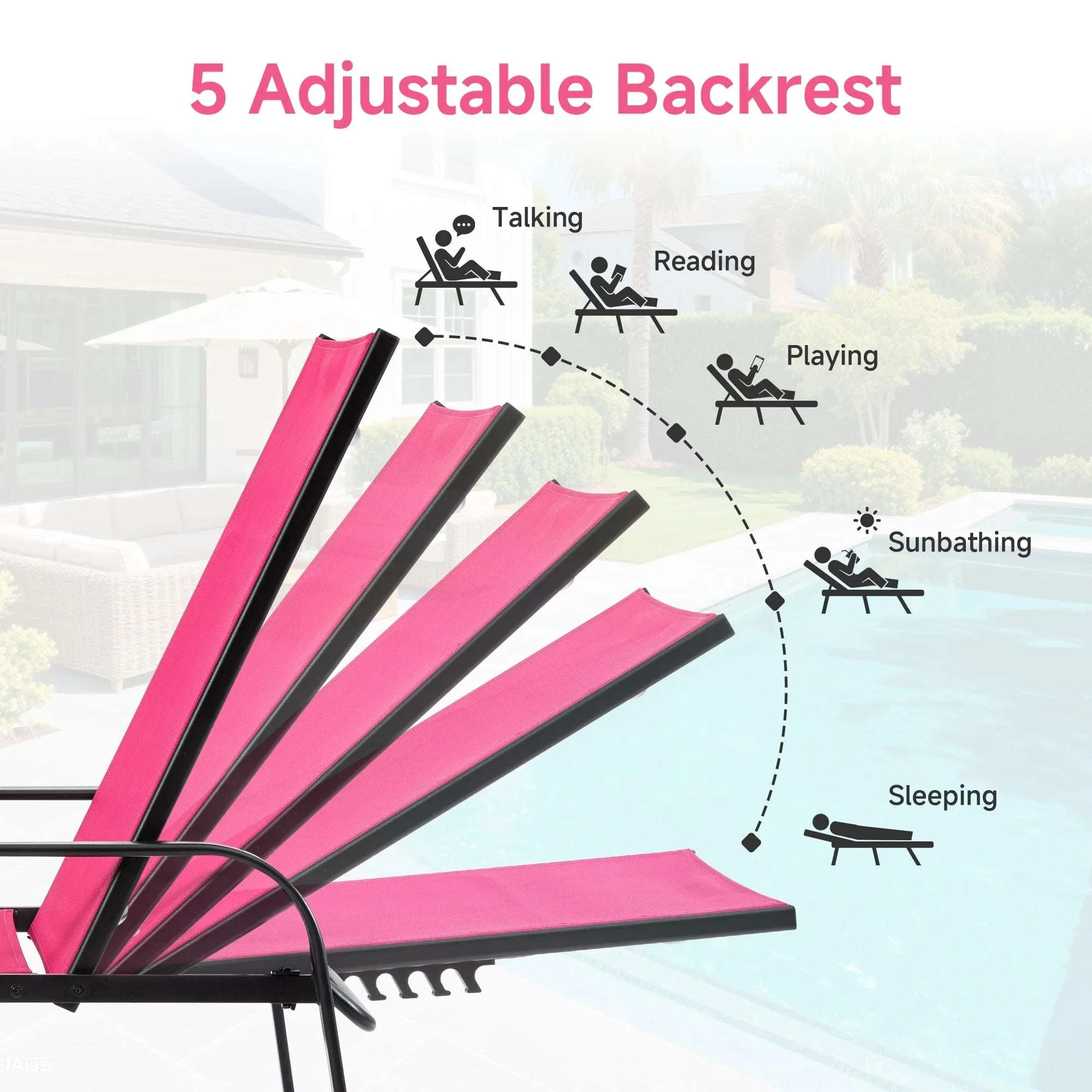 Adjustable Folding Beach Lounge Chair with 5 Positions and Armrests - Image 6
