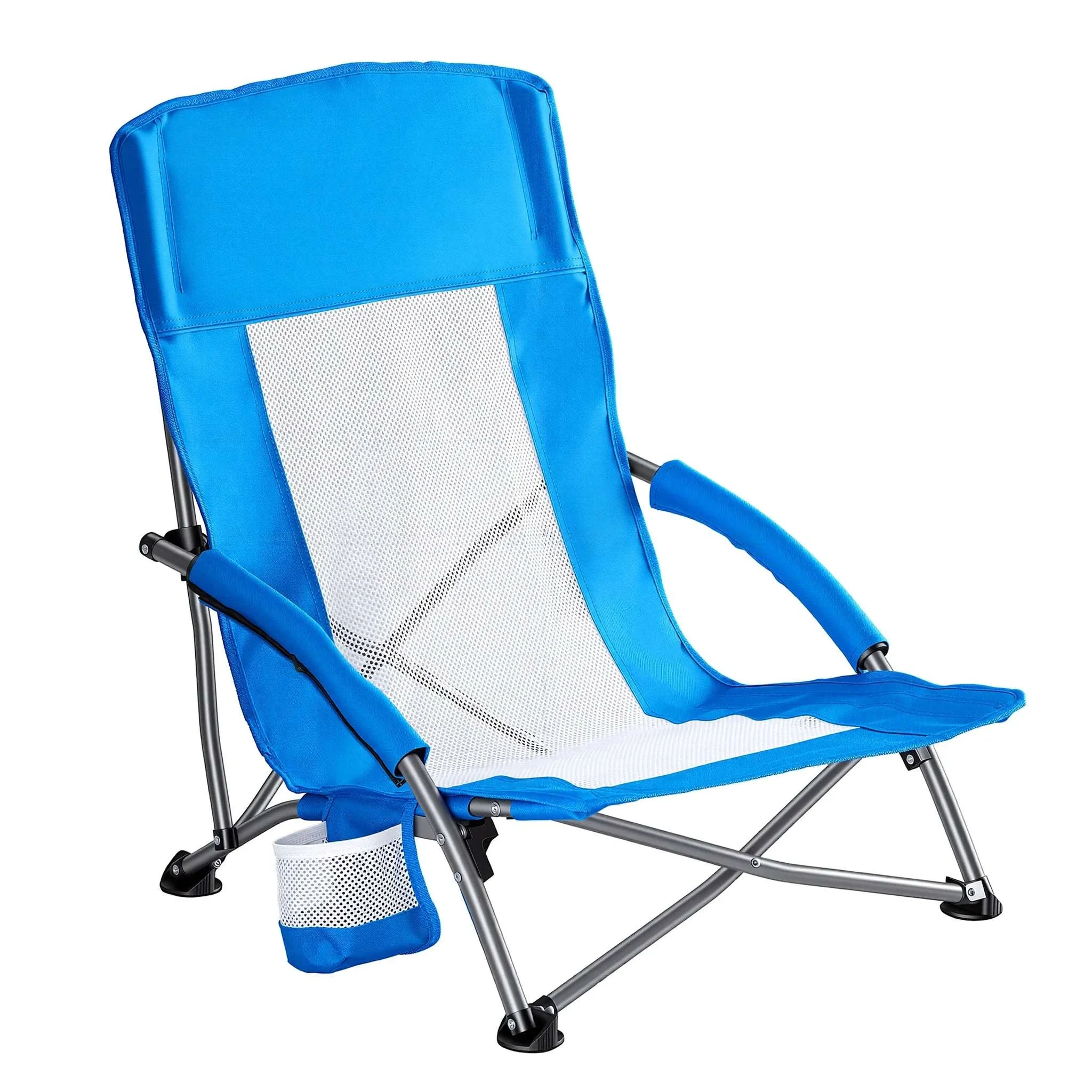Low Folding Beach Chair with Mesh Back, Cup Holder & Armrests - Image 14
