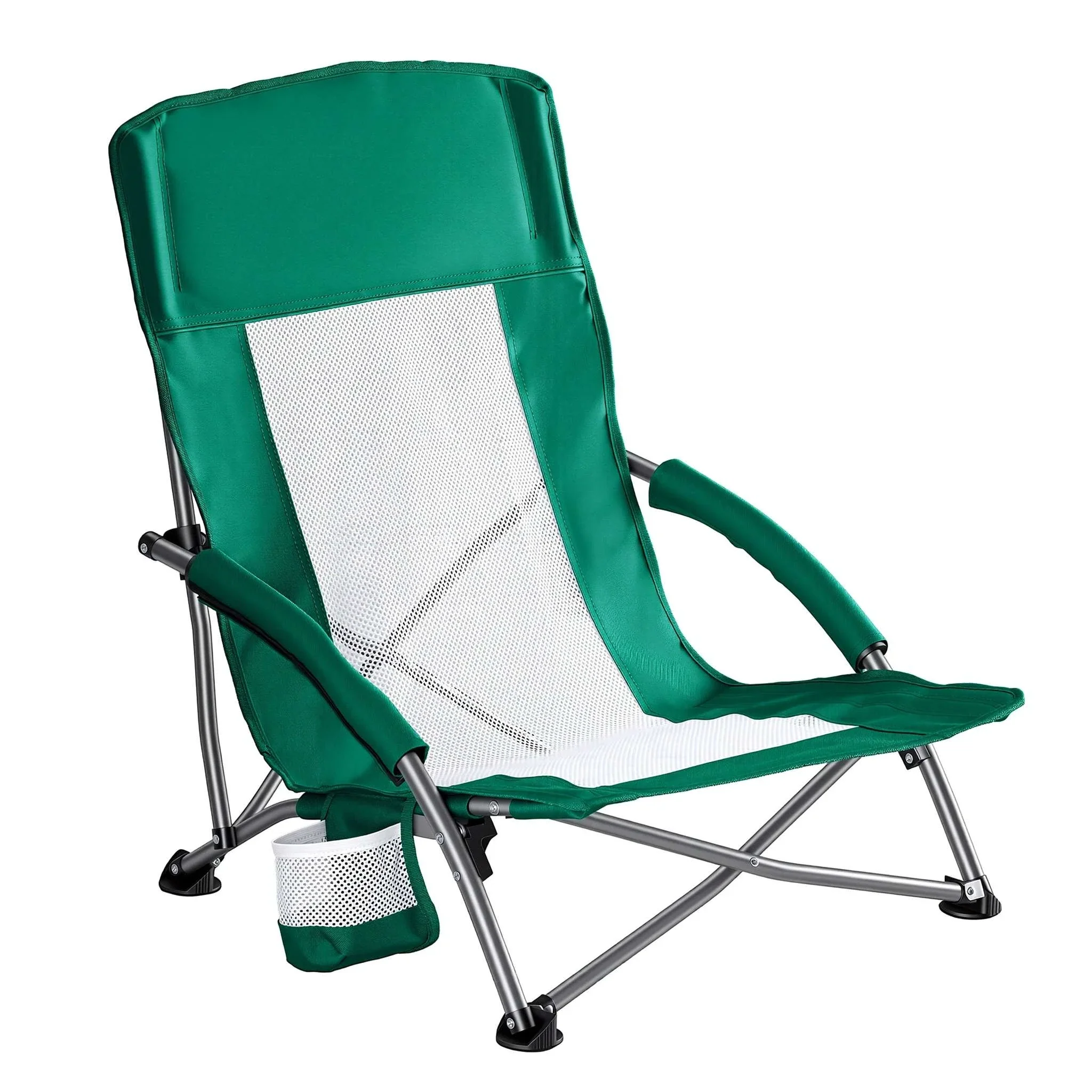 Low Folding Beach Chair with Mesh Back, Cup Holder & Armrests - Image 17