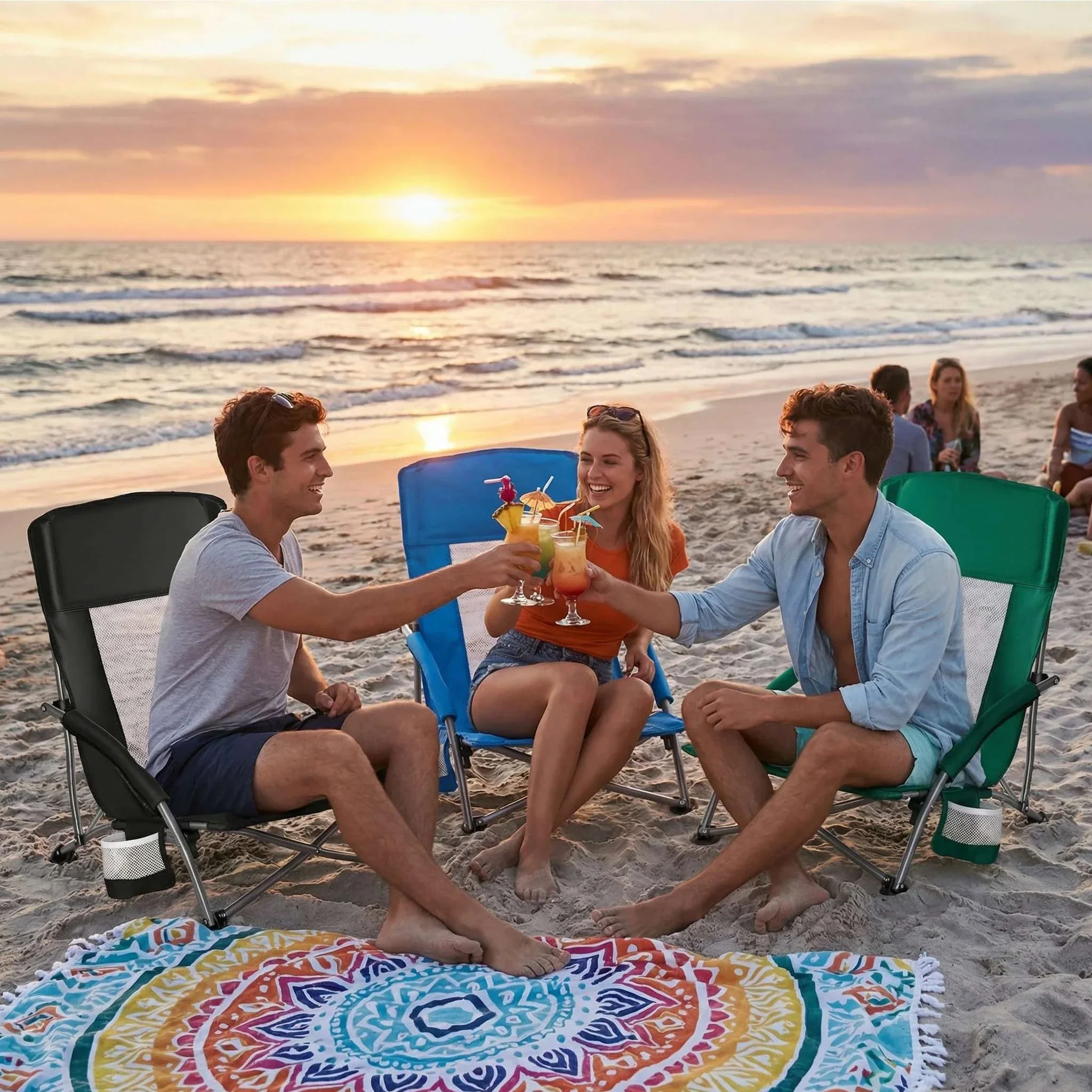 Low Folding Beach Chair with Mesh Back, Cup Holder & Armrests - Image 6