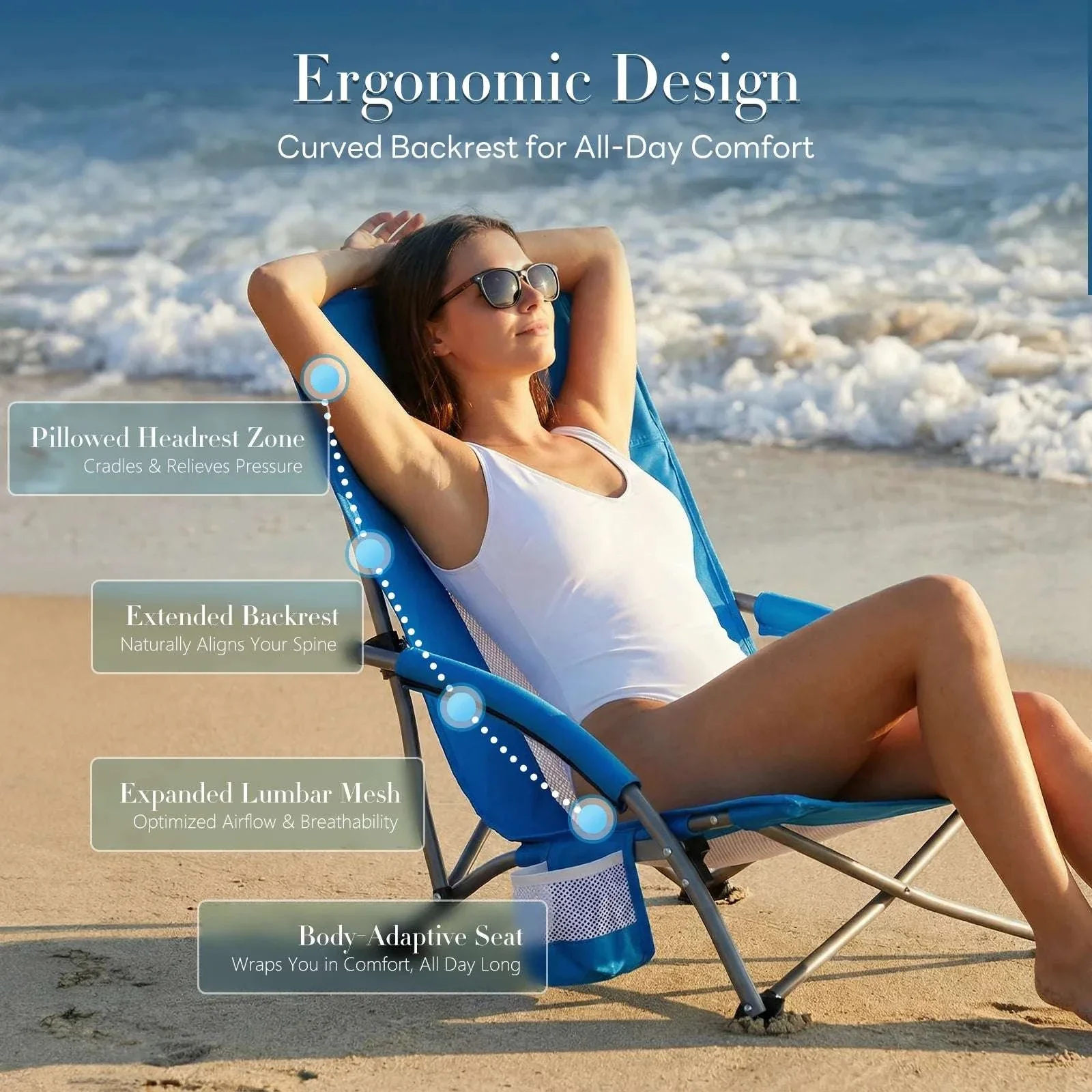 Portable Folding Beach Camping Chair with Cup Holder & Storage
