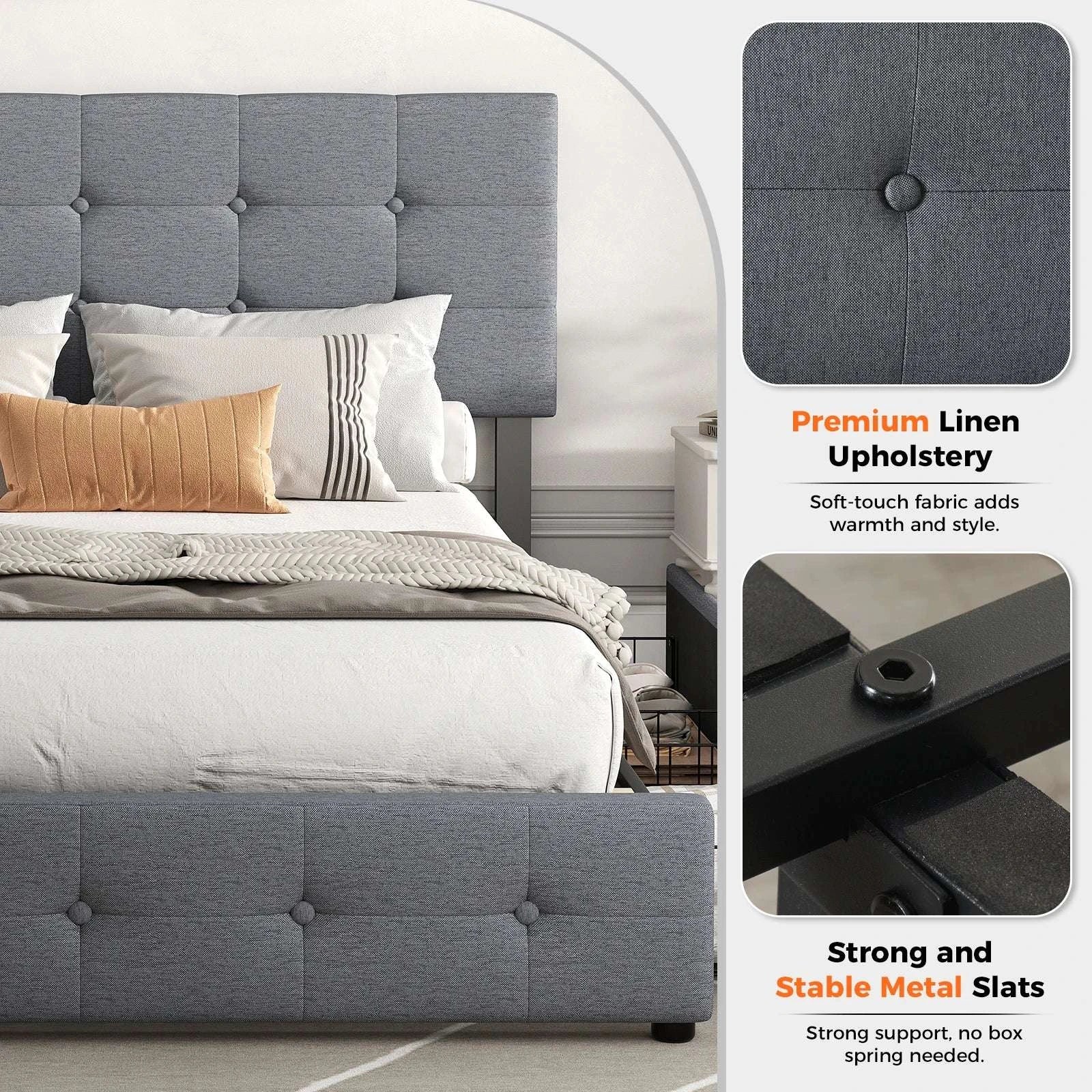 Upholstered Bed Frame with 4 Drawers & Adjustable Headboard - Image 10