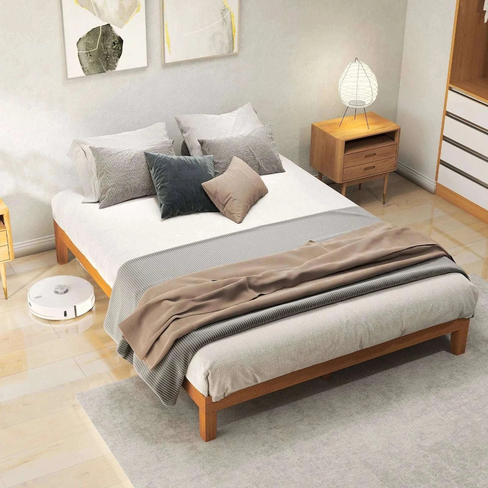 Solid Wood Queen Bed Frame with Slats, No Box Spring Needed