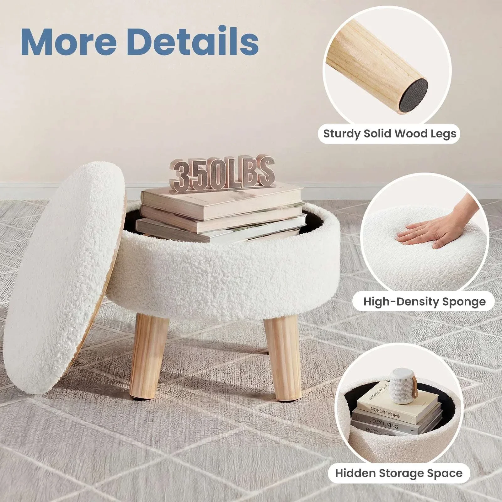 Round Storage Ottoman Stool with Hidden Storage & Wood Legs - Image 2