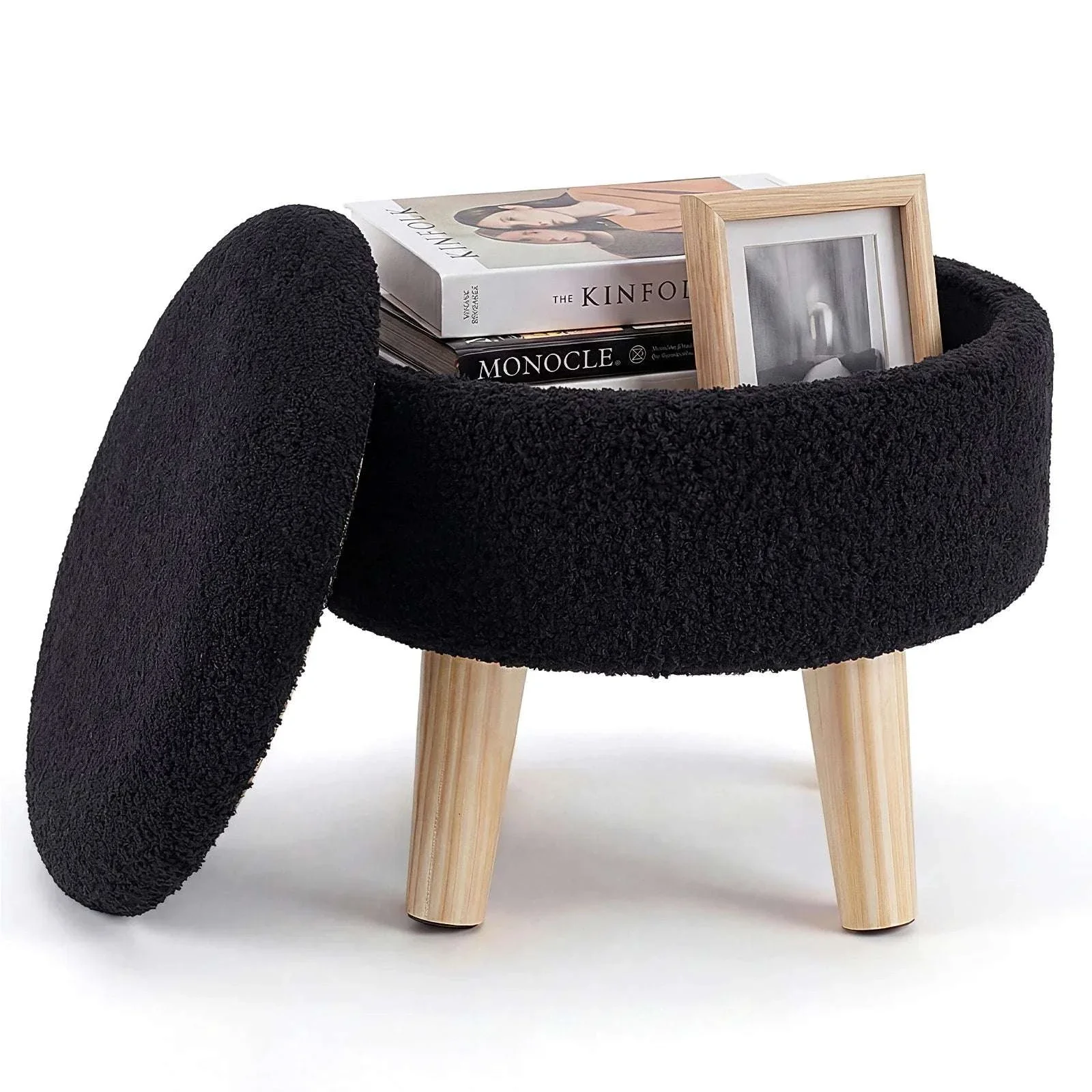 Round Storage Ottoman Stool with Hidden Storage & Wood Legs - Image 7