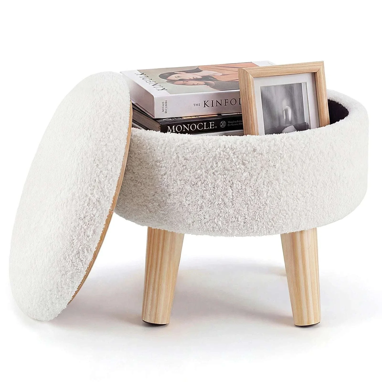 Round Storage Ottoman Stool with Hidden Storage & Wood Legs - Image 8
