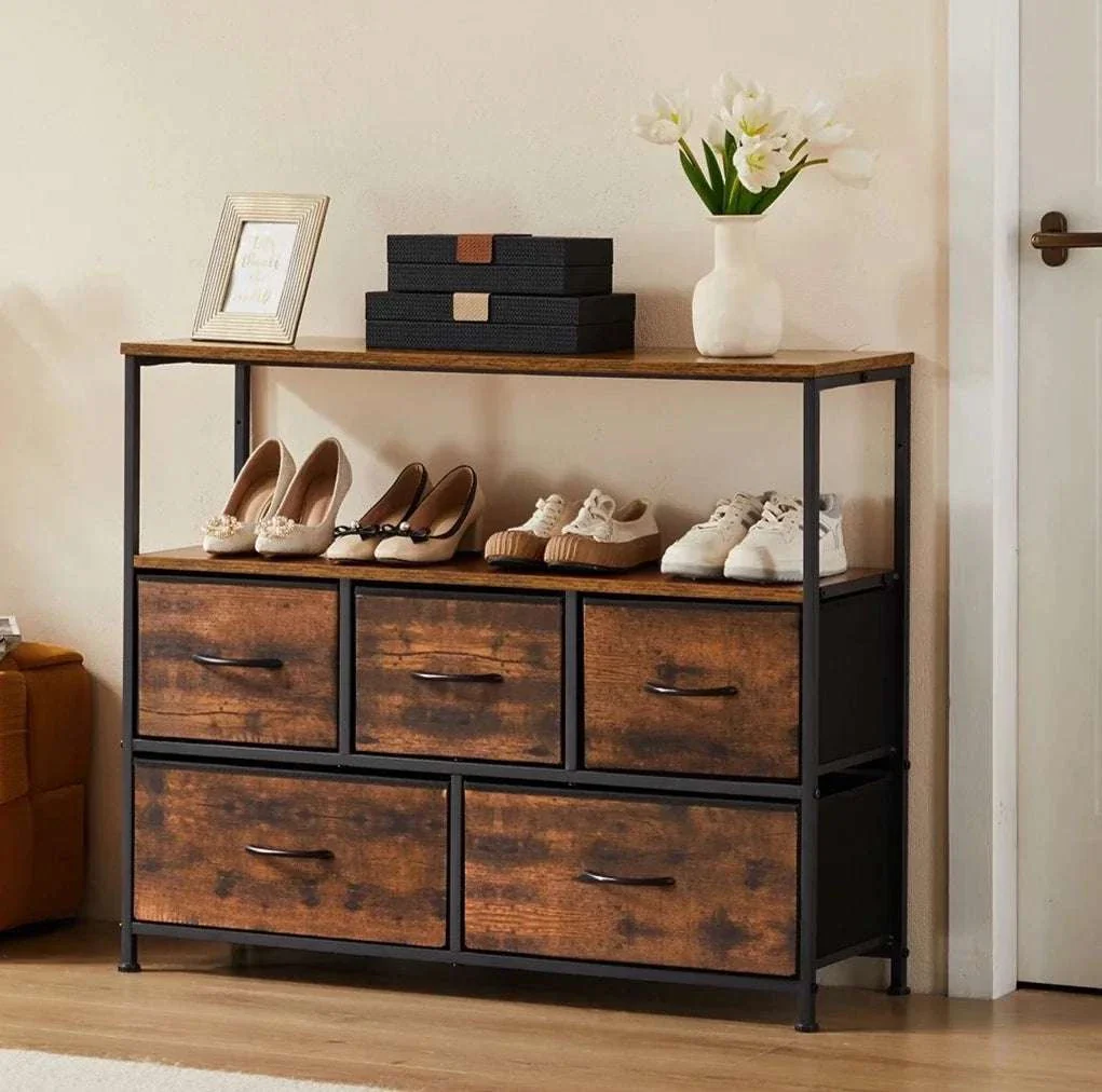 5 Drawer Shoe Cabinet TV Stand Storage Organizer with Fabric Bins
