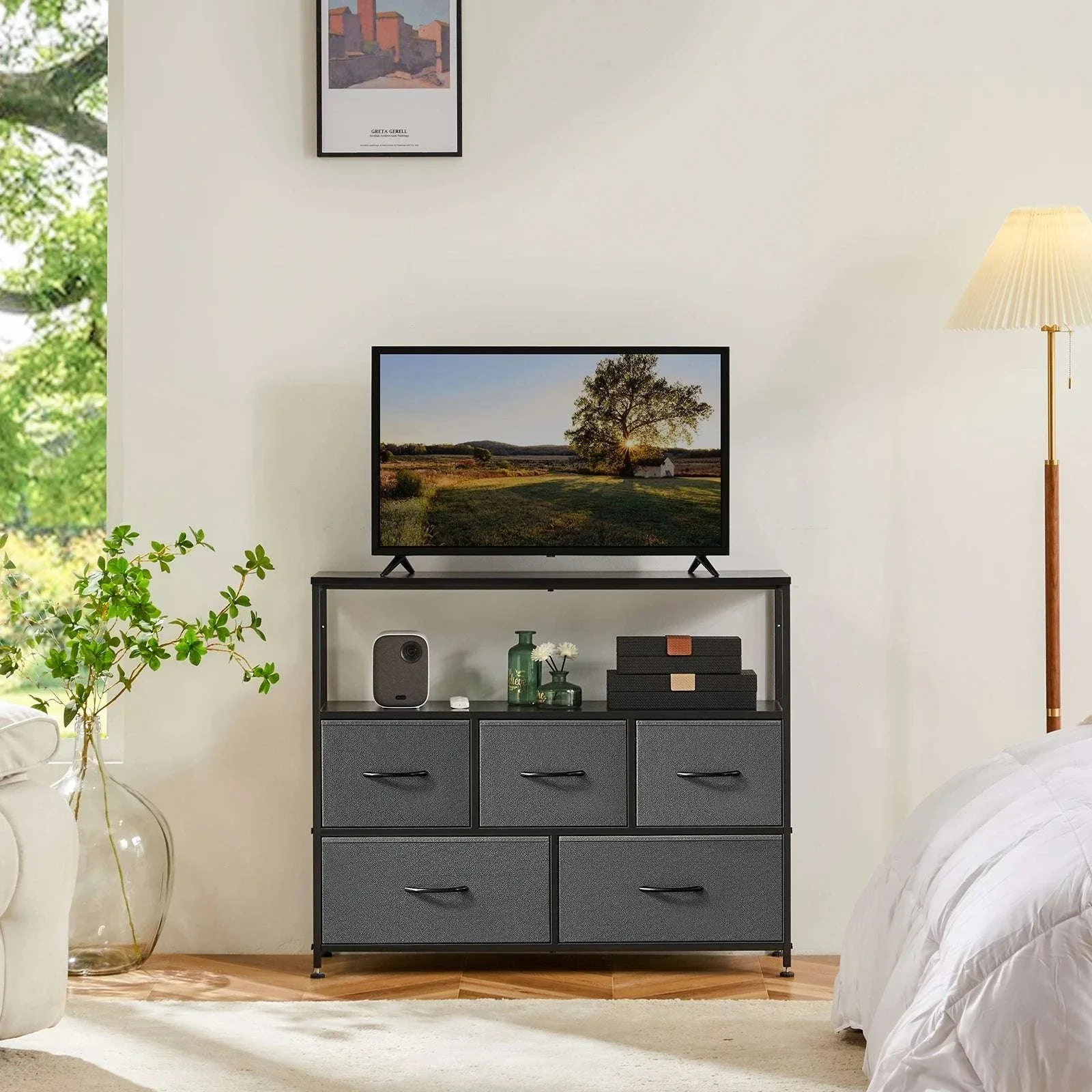 5 Drawer Shoe Cabinet TV Stand Storage Organizer with Fabric Bins - Image 17