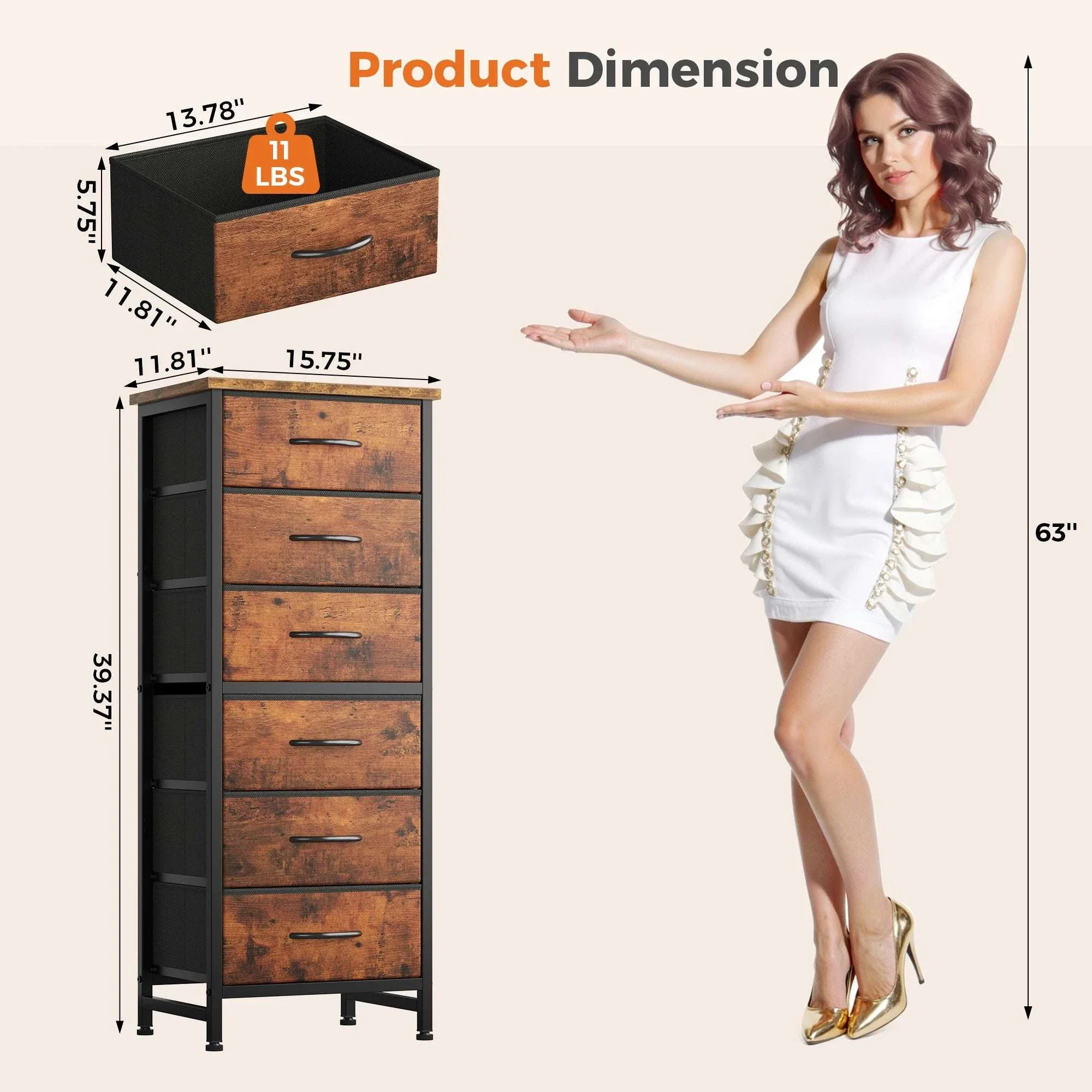 Tall Narrow 6 Drawer Fabric Dresser with Wood Top and Metal Frame - Image 10