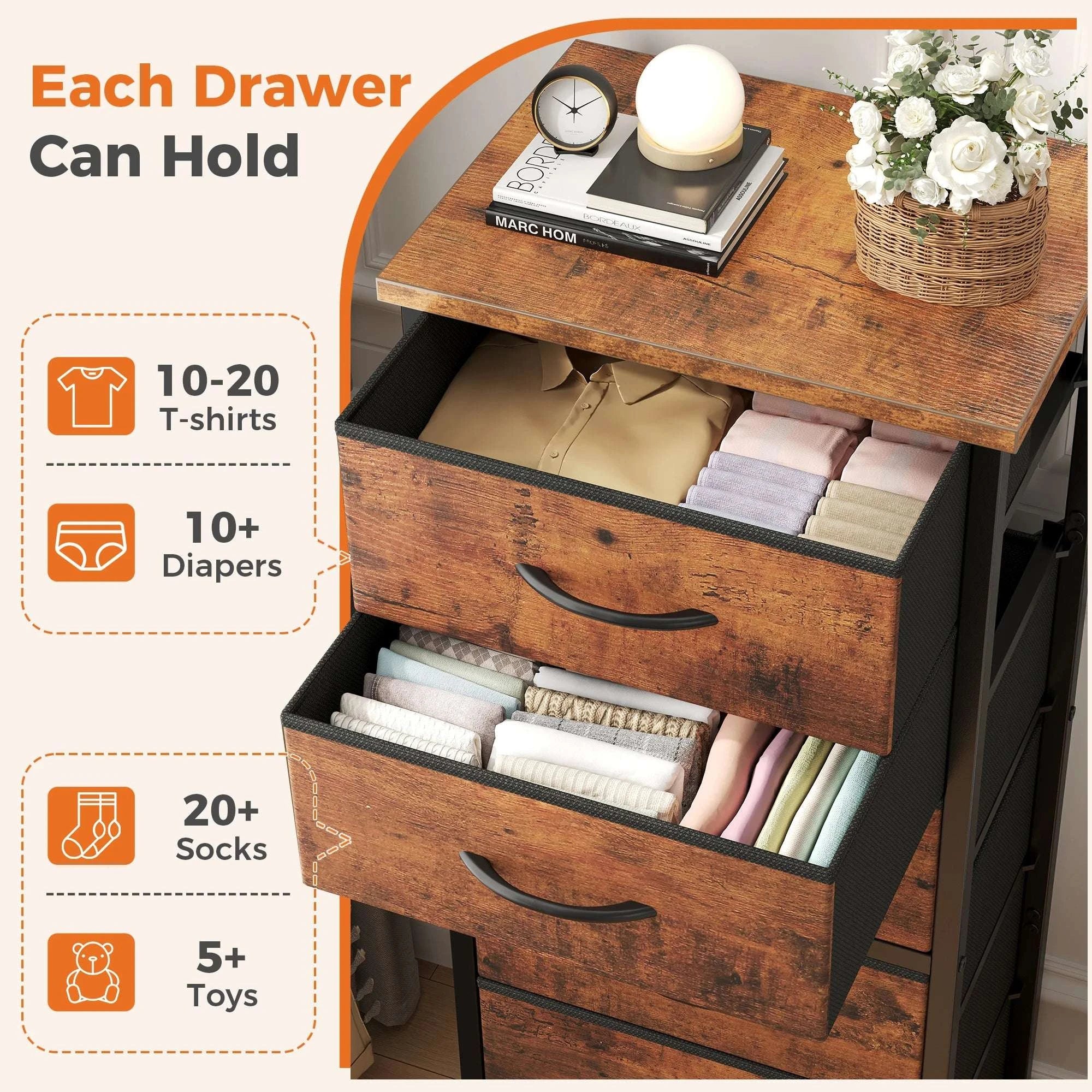 Tall Narrow 6 Drawer Fabric Dresser with Wood Top and Metal Frame - Image 4