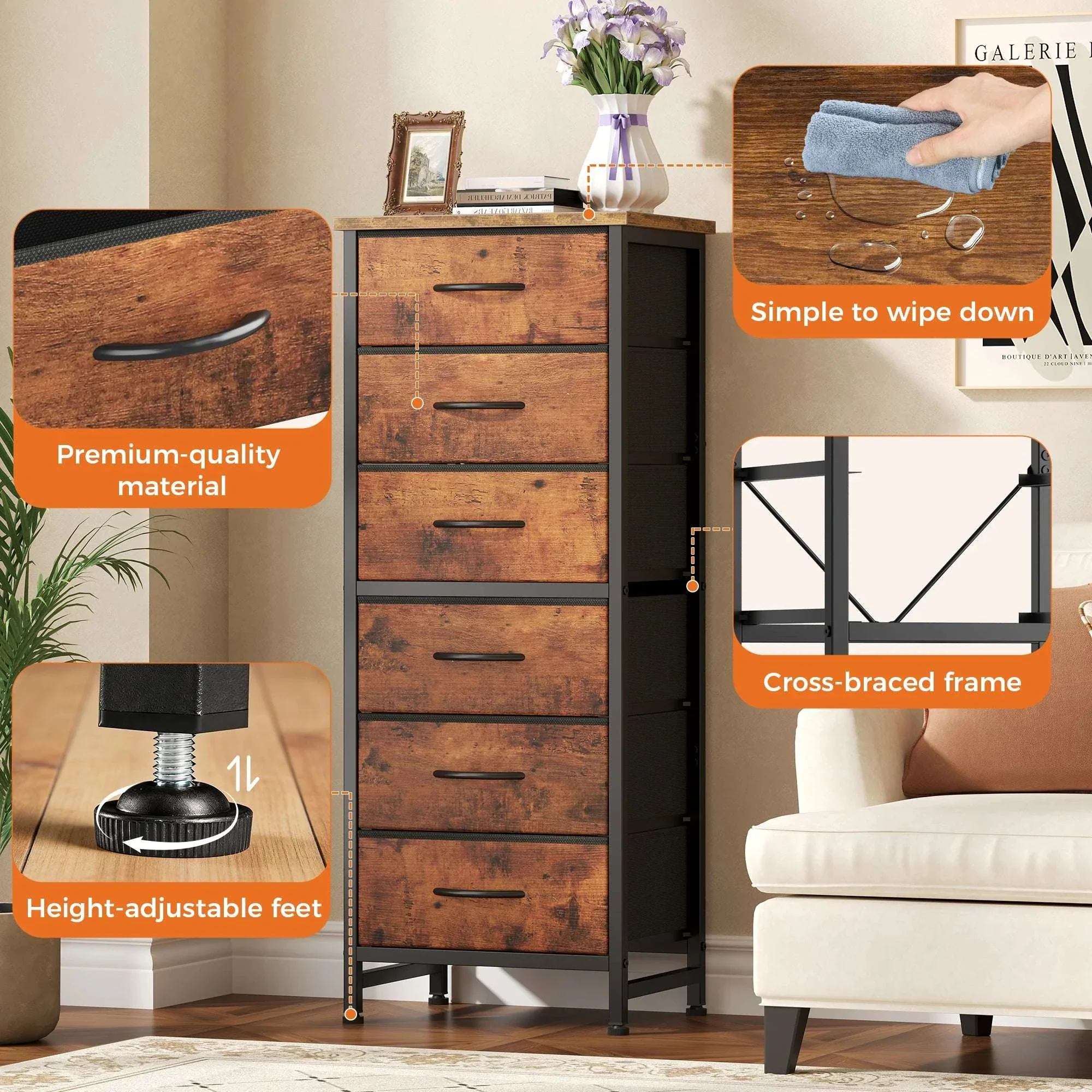 Tall Narrow 6 Drawer Fabric Dresser with Wood Top and Metal Frame - Image 5