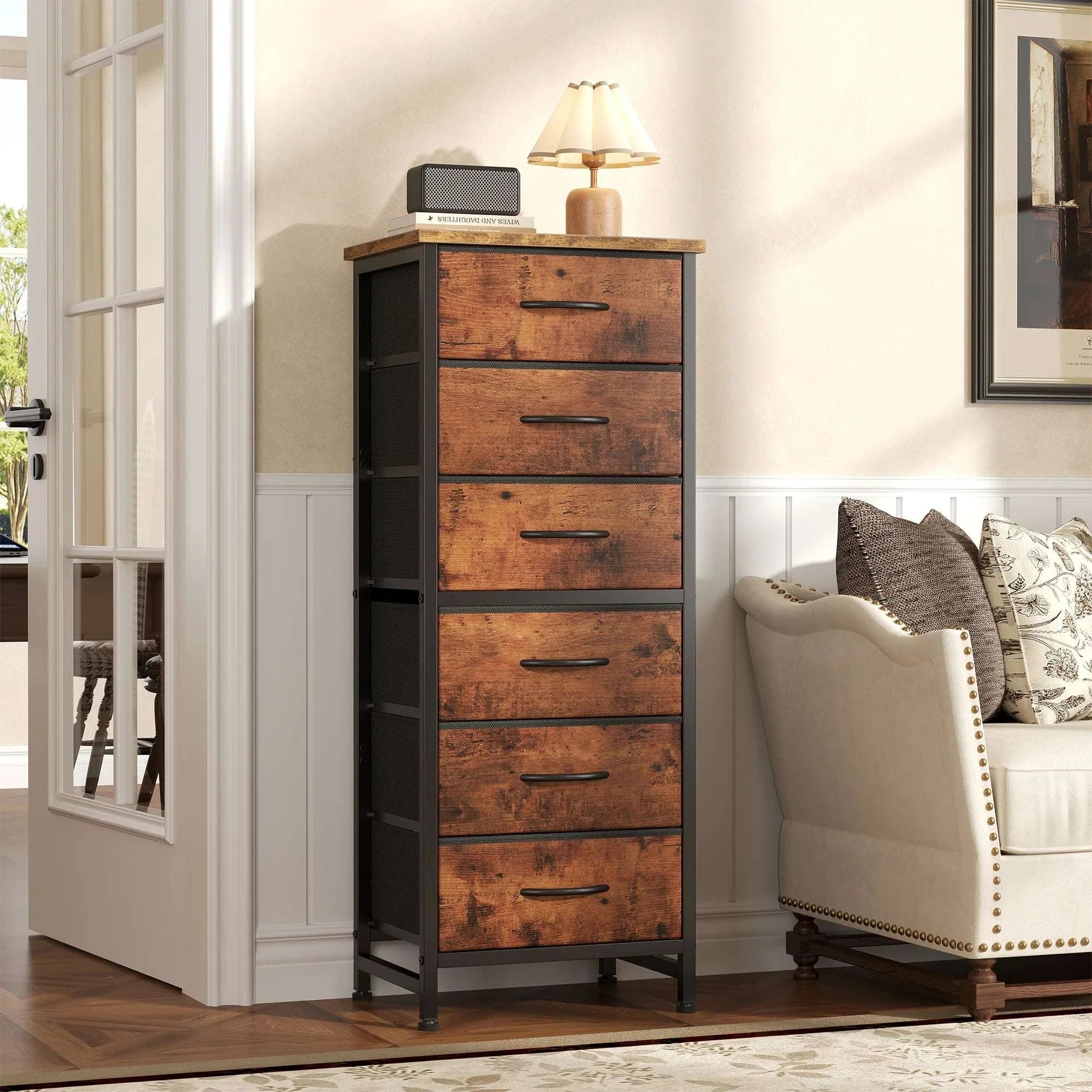 Tall Narrow 6 Drawer Fabric Dresser with Wood Top and Metal Frame - Image 6