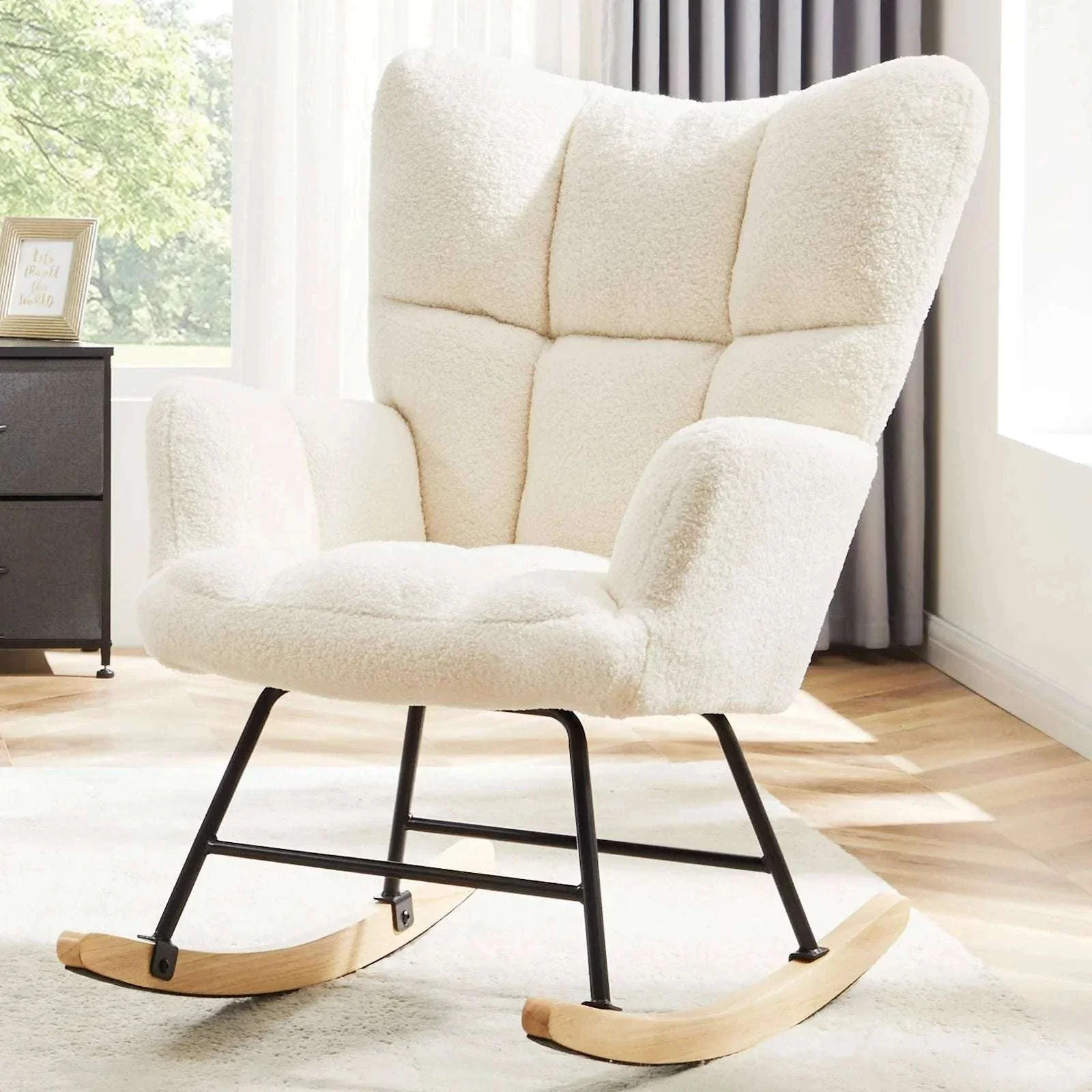 Teddy Fabric Glider Rocking Chair with High Back & Padded Seat - Image 13