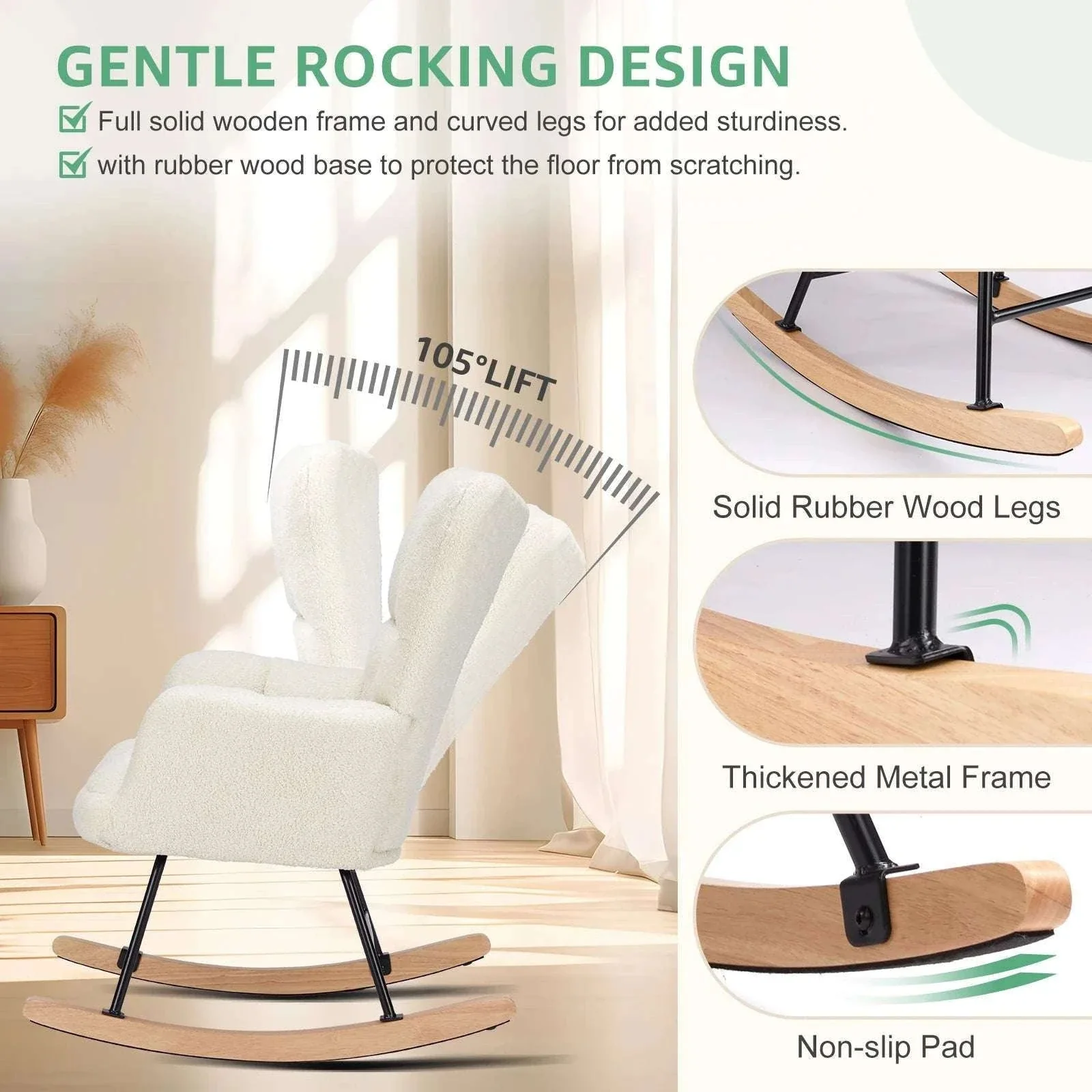 Teddy Fabric Glider Rocking Chair with High Back & Padded Seat - Image 3