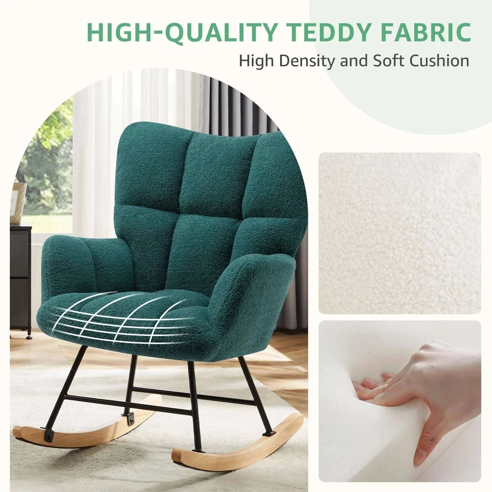 Teddy Fabric Glider Rocking Chair with High Back & Padded Seat - Image 4