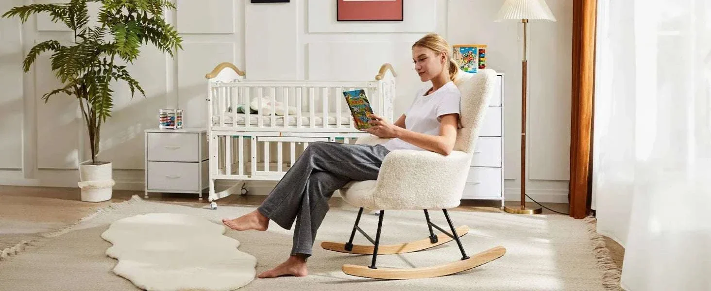Teddy Fabric Glider Rocking Chair with High Back & Padded Seat - Image 7