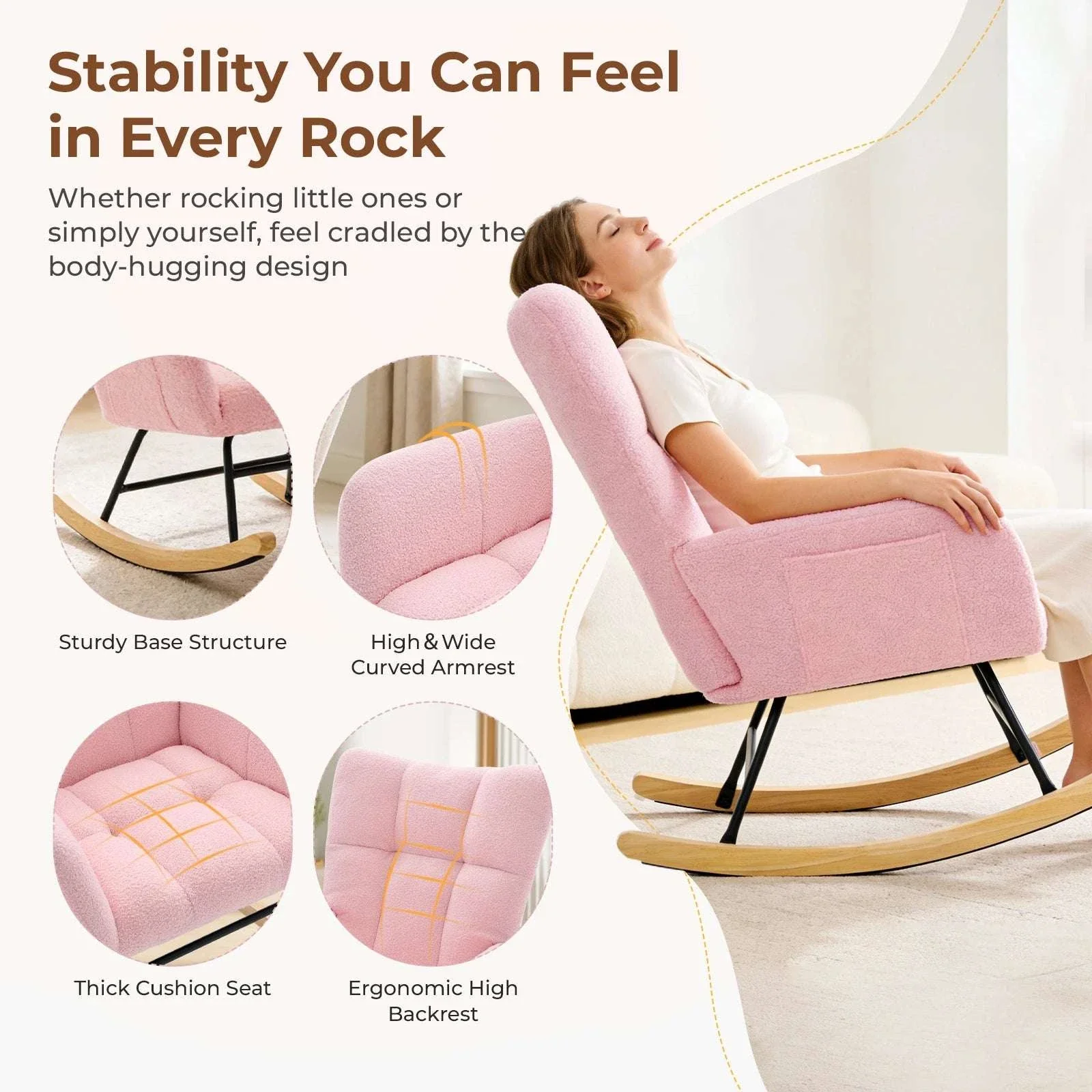 Teddy Upholstered Rocking Chair with High Back, Padded Seat - Image 3