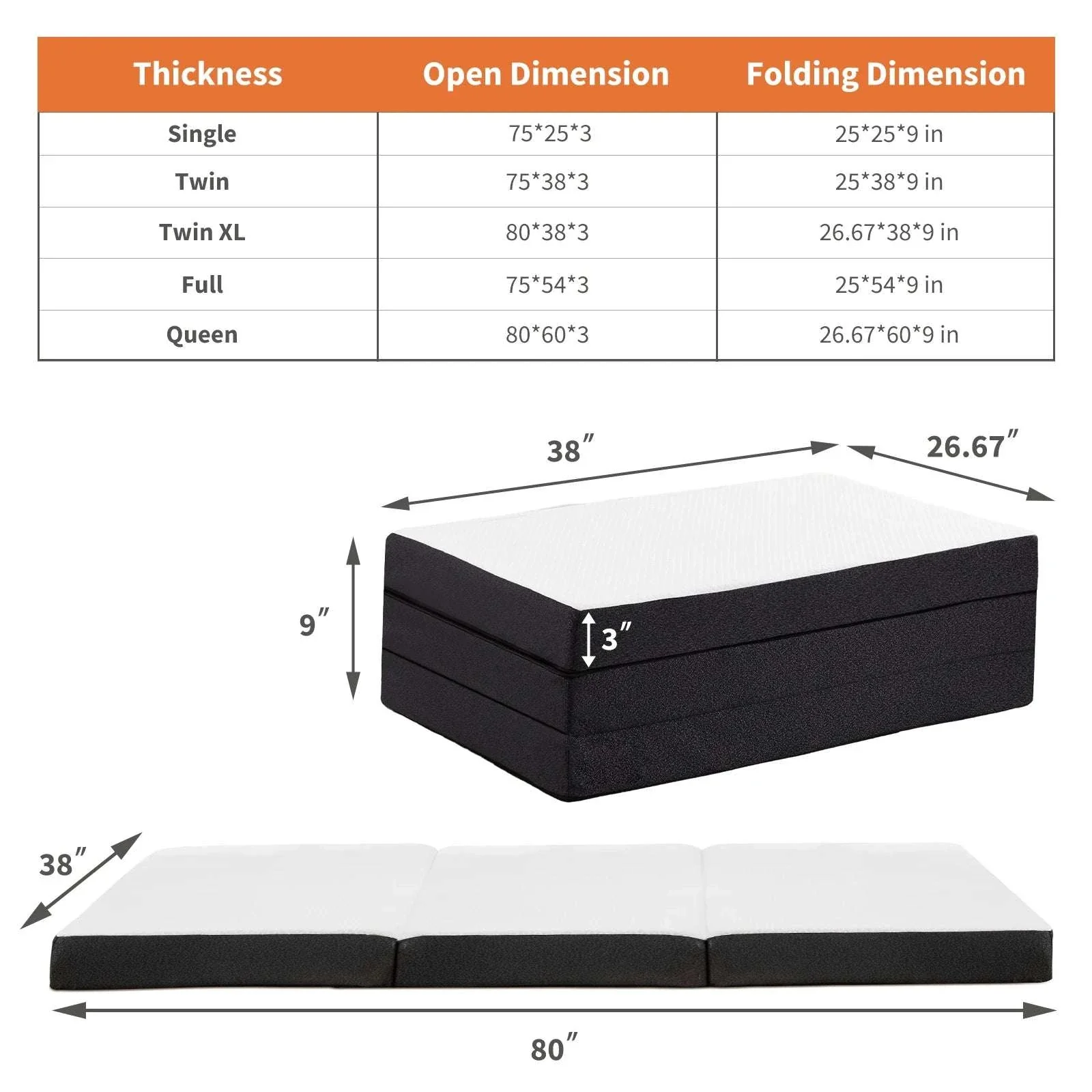Tri-Fold Memory Foam Mattress with Washable Cover for Travel - Image 19