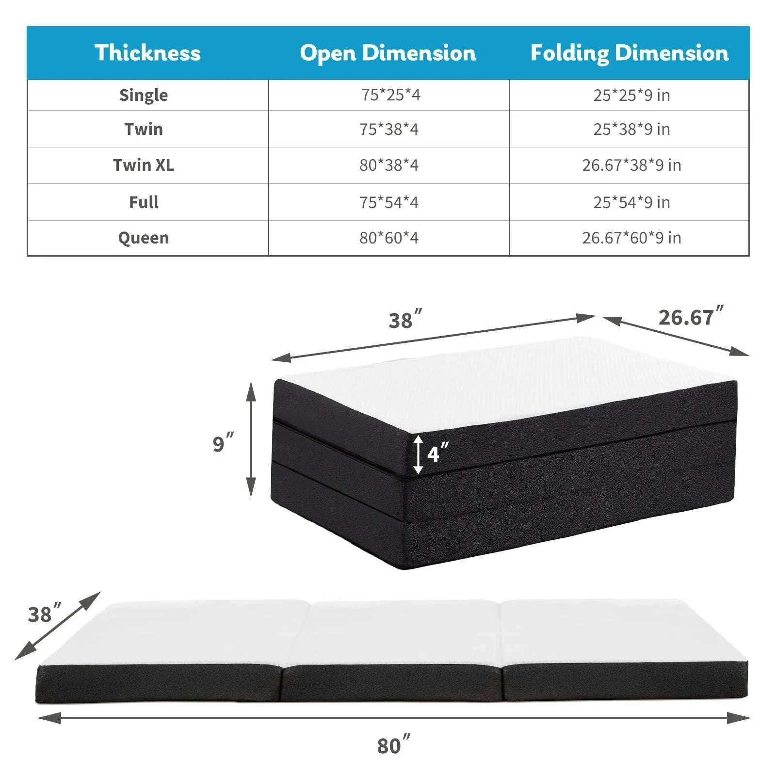 Tri-Fold Memory Foam Mattress with Washable Cover for Travel - Image 23