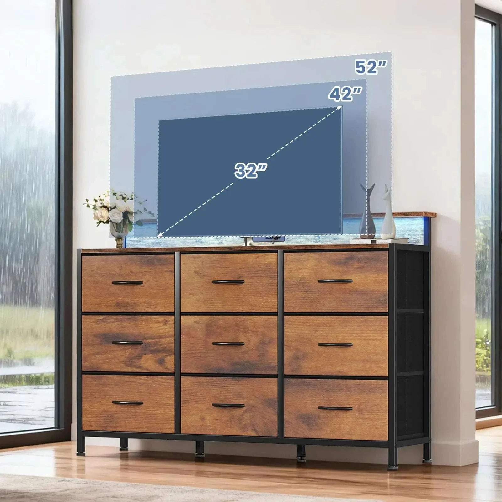 TV Stand Dresser with 9 Drawers, LED Lights & Charging Station