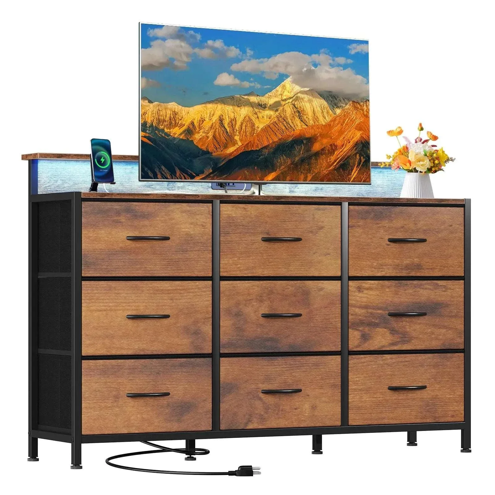TV Stand Dresser with 9 Drawers, LED Lights & Charging Station - Image 10