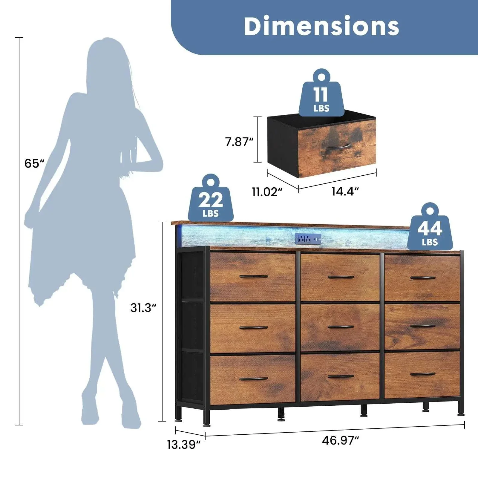 TV Stand Dresser with 9 Drawers, LED Lights & Charging Station - Image 2